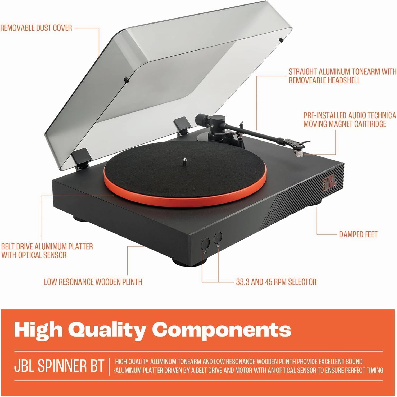 JBL Spinner BT - Bluetooth with AptX-HD Turntable, Components, Removable Headshell, Aluminum Platter and Belt Drive, Moving Magnet Cartridge pre-Installed (Black)