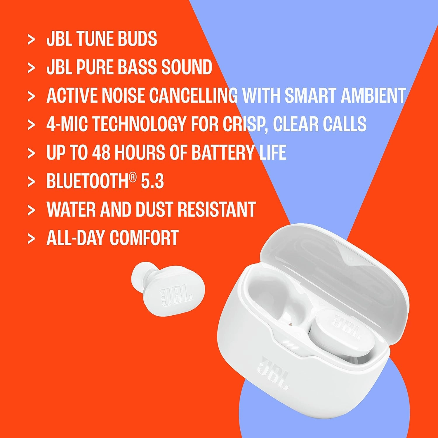 JBL Tune Buds - True wireless Noise Cancelling earbuds, JBL Pure Bass Sound, Bluetooth 5.3, 4-Mic technology for Crisp, Clear Calls, Up to 48 hours of battery life, Water and dust resistant (White)