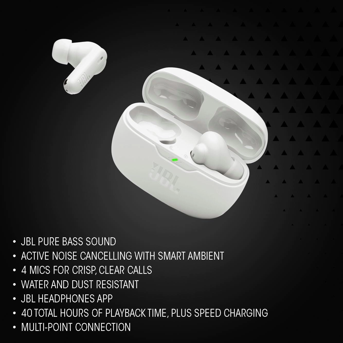 JBL Vibe Beam 2 - True Wireless Noise Cancelling Earbuds Pure Bass Sound & Smart Ambient Technology, 4mics for Crisp, Clear Calls, up to 40Hrs of Playback, IP54 Dust & Water Resistant (Black)