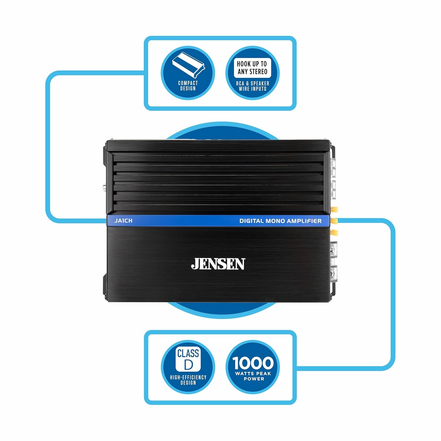 JENSEN JA1CH Class-D Mono Amplifier Car Audio | 1000 Watts Peak Power | Efficient Compact Design | Bridegeable