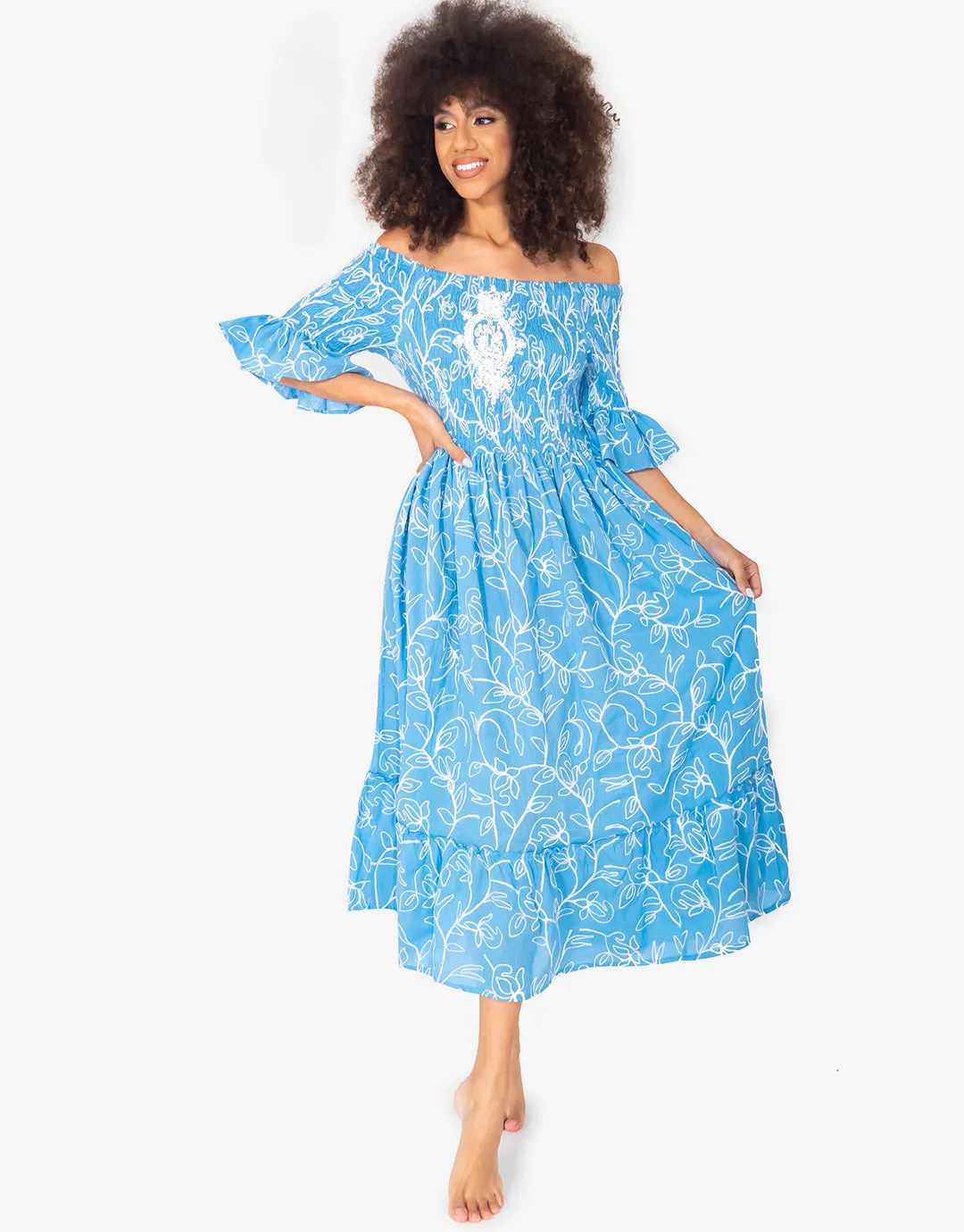 Jessica Off the Shoulder Dress - Mid Blue