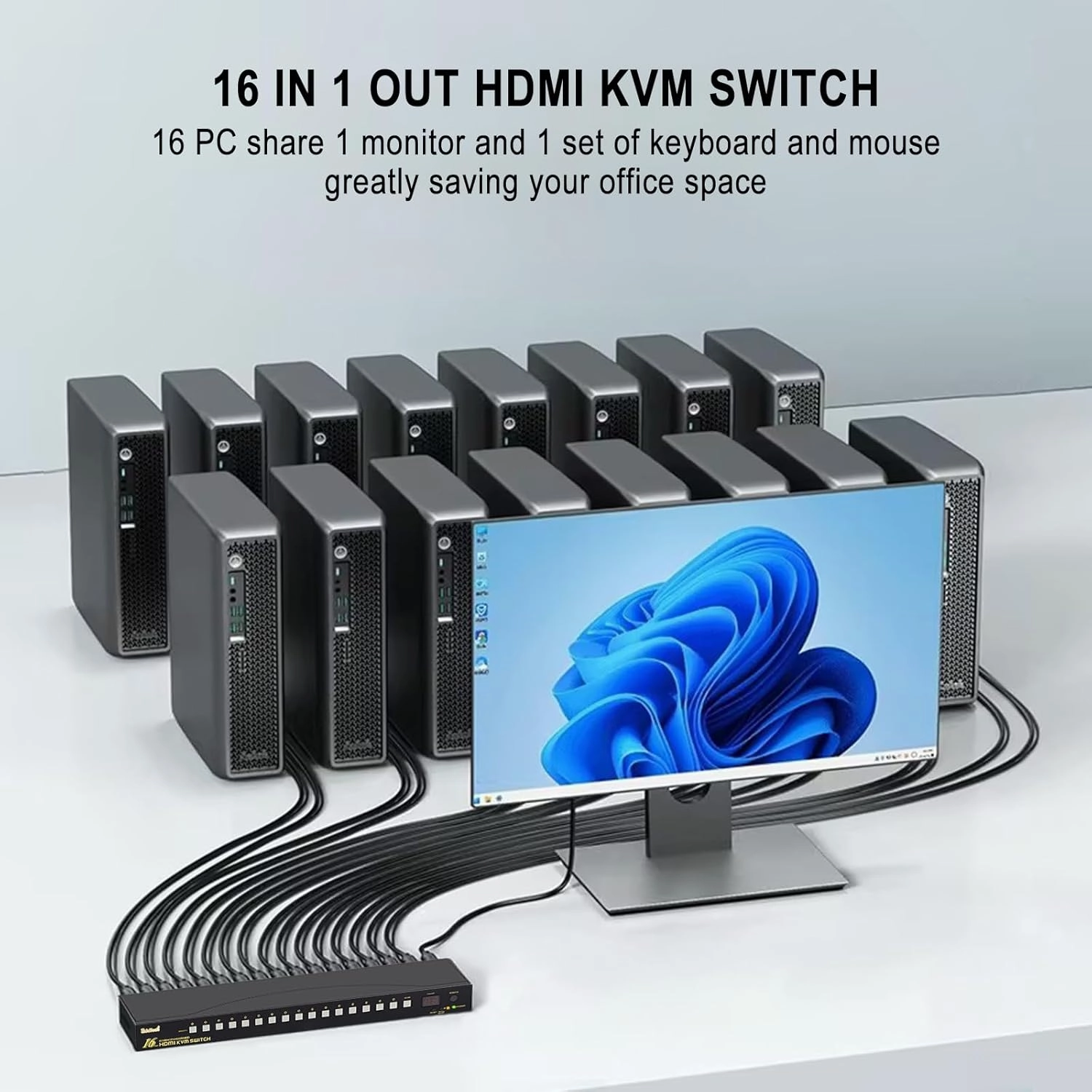 JideTech 16x1 HDMI KVM Switch with USB 3.0 HUB, 16 in 1 Out 4K HDMI Switcher with 4K 60Hz Resolution, Rack Mount KVM Switch Support HDCP, EDID, Hotkey Mouse Switching for Linux, Windows, Mac, Unix