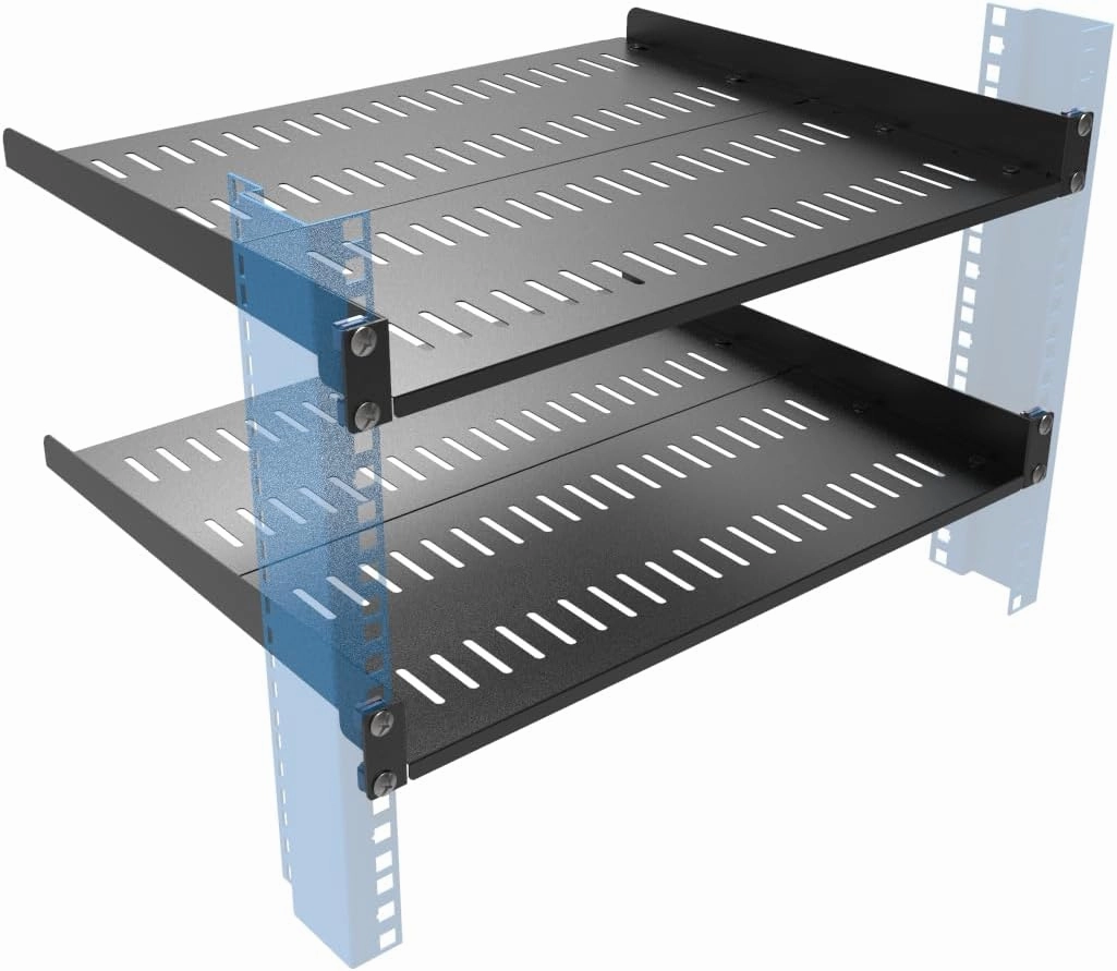 JINGCHENGMEI 2 PCS 1U Vented Server Rack Shelf, 14-17 Inch Adjustable Universal Cantilever Rack Mount Tray for 19 Inch Networking Equipments Rack Enclosure, Black (1U14In2PCS) equipment cabinet,AV gear cabinet,component enclosure,
