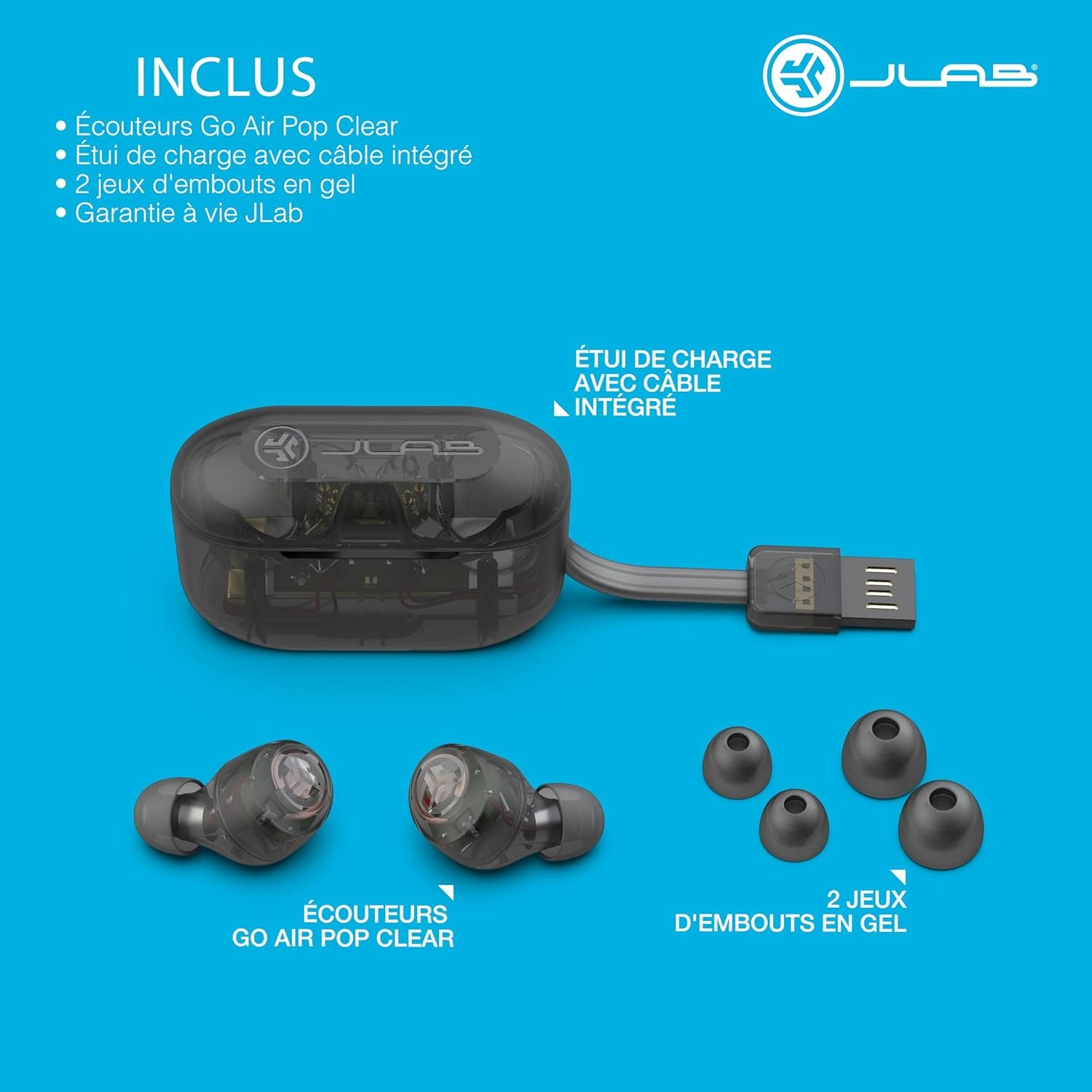 JLab Go Air Pop True Wireless Bluetooth Earbuds & Charging Case, Clear, Dual Connect, IPX4 Sweat Resistance, Bluetooth 5 Connection, 3 EQ Sound Settings Signature, Balanced, Bass Boost