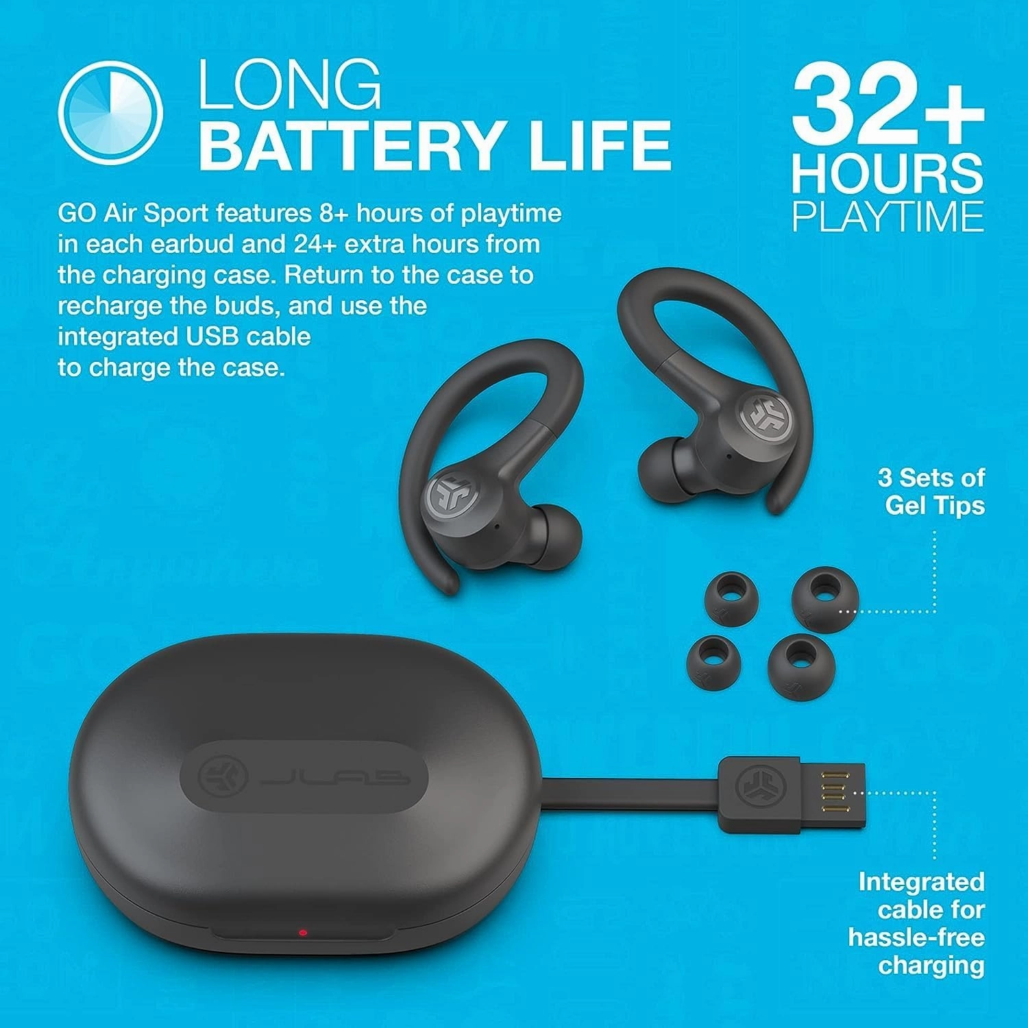 JLab Go Air Sport, Wireless Workout Earbuds Featuring C3 Clear Calling, Secure Earhook Sport Design, 32  Hour Bluetooth Playtime, and 3 EQ Sound Settings (Graphite/Black)