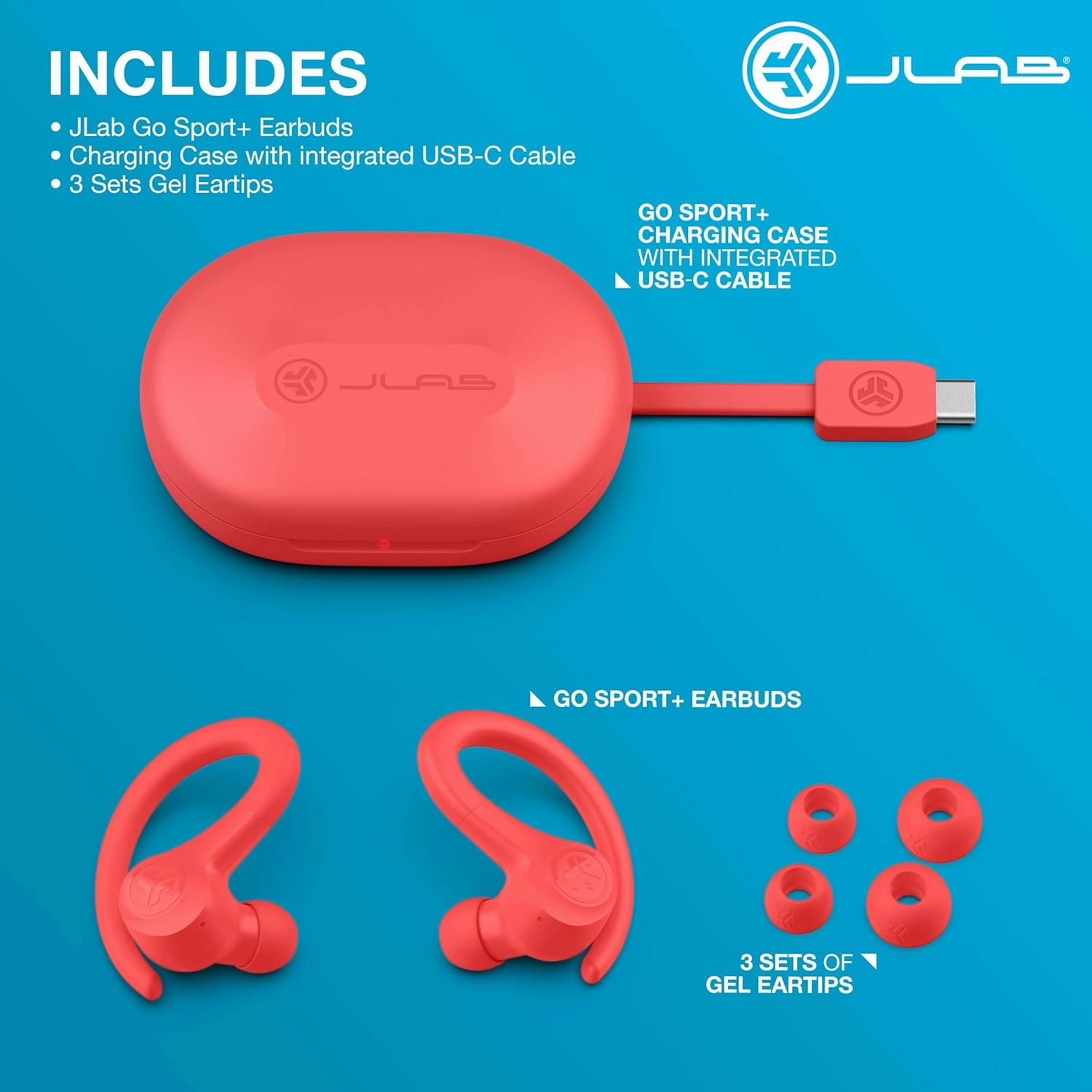 JLab Go Air Sport  Wireless Workout Earbuds Featuring C3 Clear Calling, Secure Earhook Sport Design, 35  Hour Bluetooth Playtime, and 3 EQ Sound Settings (Coral)