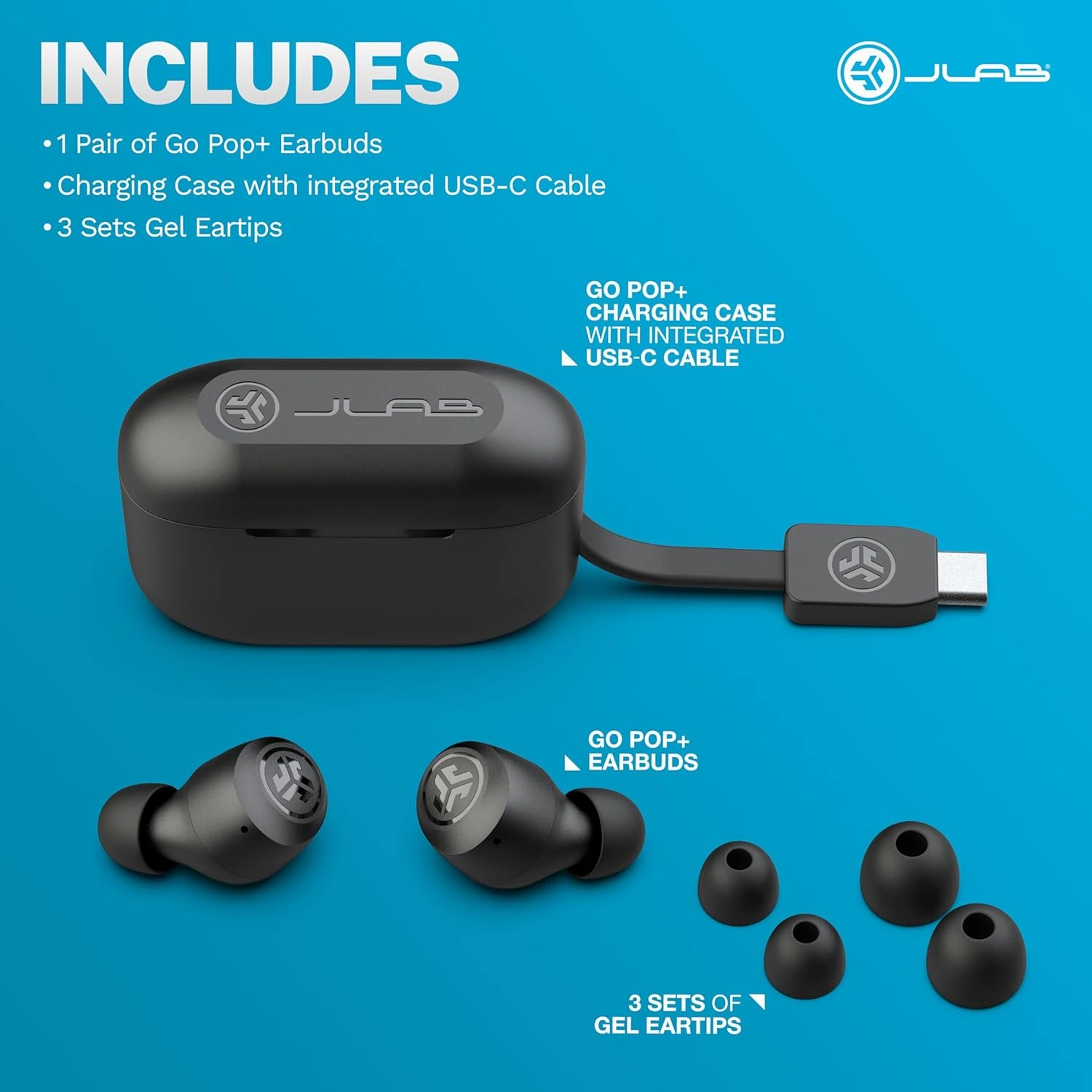 JLab Go Pop  True Wireless Bluetooth Earbuds & Charging Case - Black, App Support, Dual Connect, IPX4 Sweat Resistance, Bluetooth 5 Connection, 3 EQ Sound Settings Signature, Balanced, Bass Boost