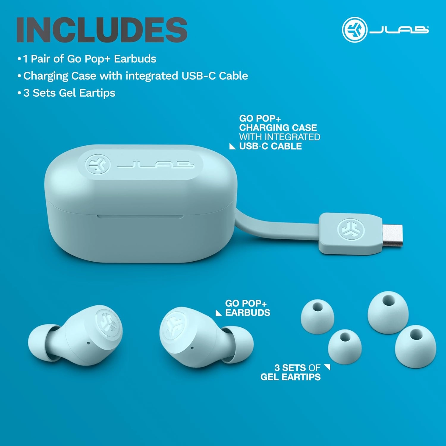 JLab Go Pop  True Wireless Bluetooth Earbuds & Charging Case - Light Blue, App Support, Dual Connect, IPX4 Sweat Resistance, Bluetooth 5 Connection, 3 EQ Sound Settings Signature, Balanced, Bass Boost