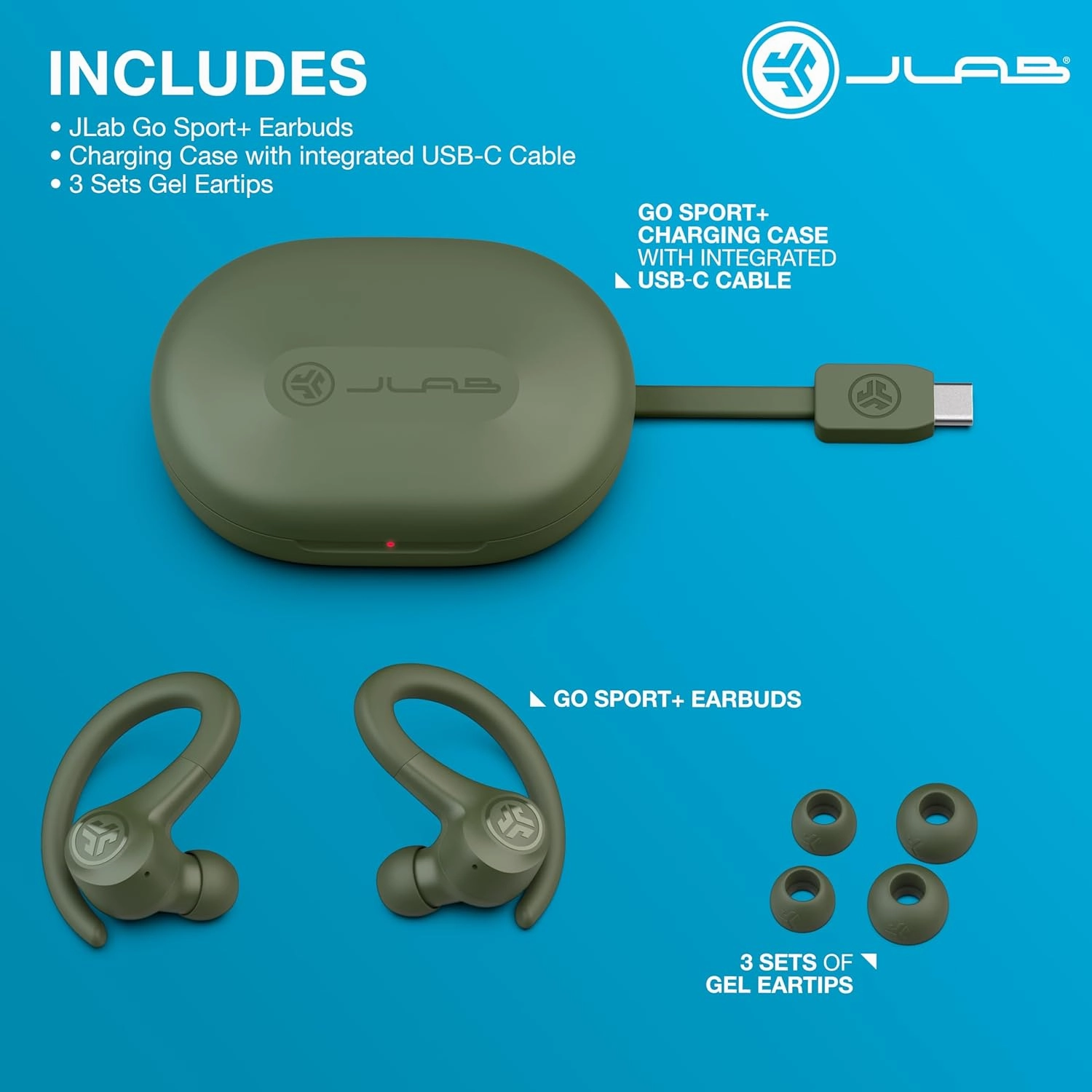 JLab Go Sport  Wireless Workout Earbuds Featuring C3 Clear Calling, Secure Earhook Sport Design, 35  Hour Bluetooth Playtime, and 3 EQ Sound Settings (Green)