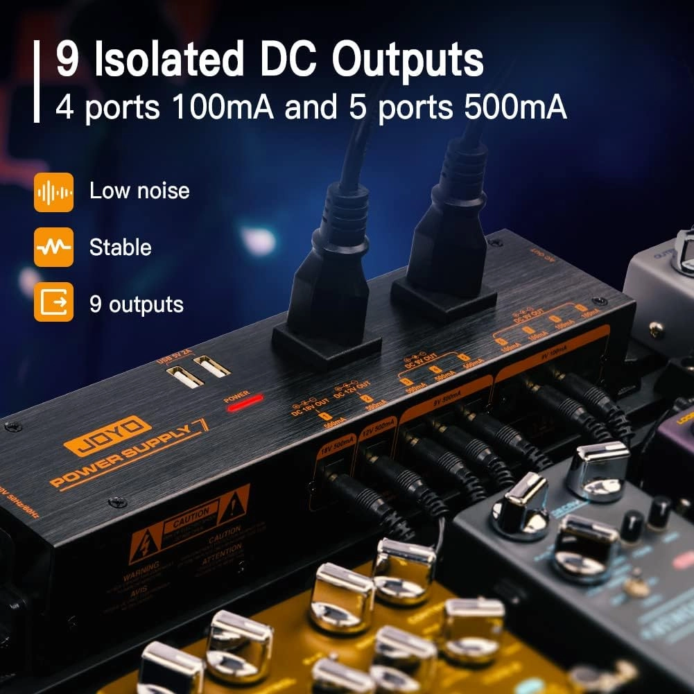 JOYO Guitar Pedal Power Supply 1200W AC Isolated Pedal Board Power Supply with 9 Outputs DC 9V/12V/18V (100mA/500mA) and USB 5V for Phone Combo Amplifier Keyboard Pedalboard (JP-07)