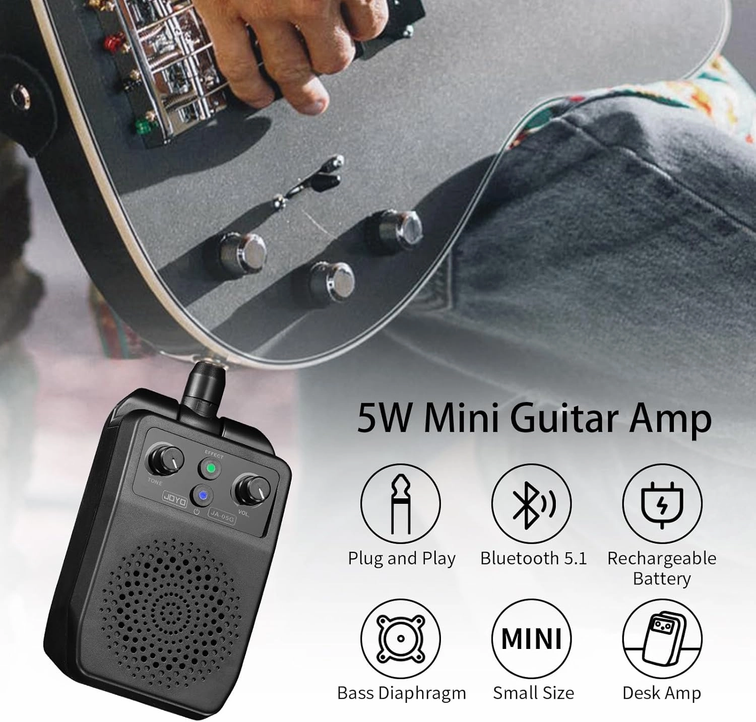 JOYO Mini Amp 5W Portable Electric Practice Amp Bluetooth Rechargeable Guitar Amplifier Built-in 4 Effects Clean Distortion Overdrive Reverb, Black (JA-05G)