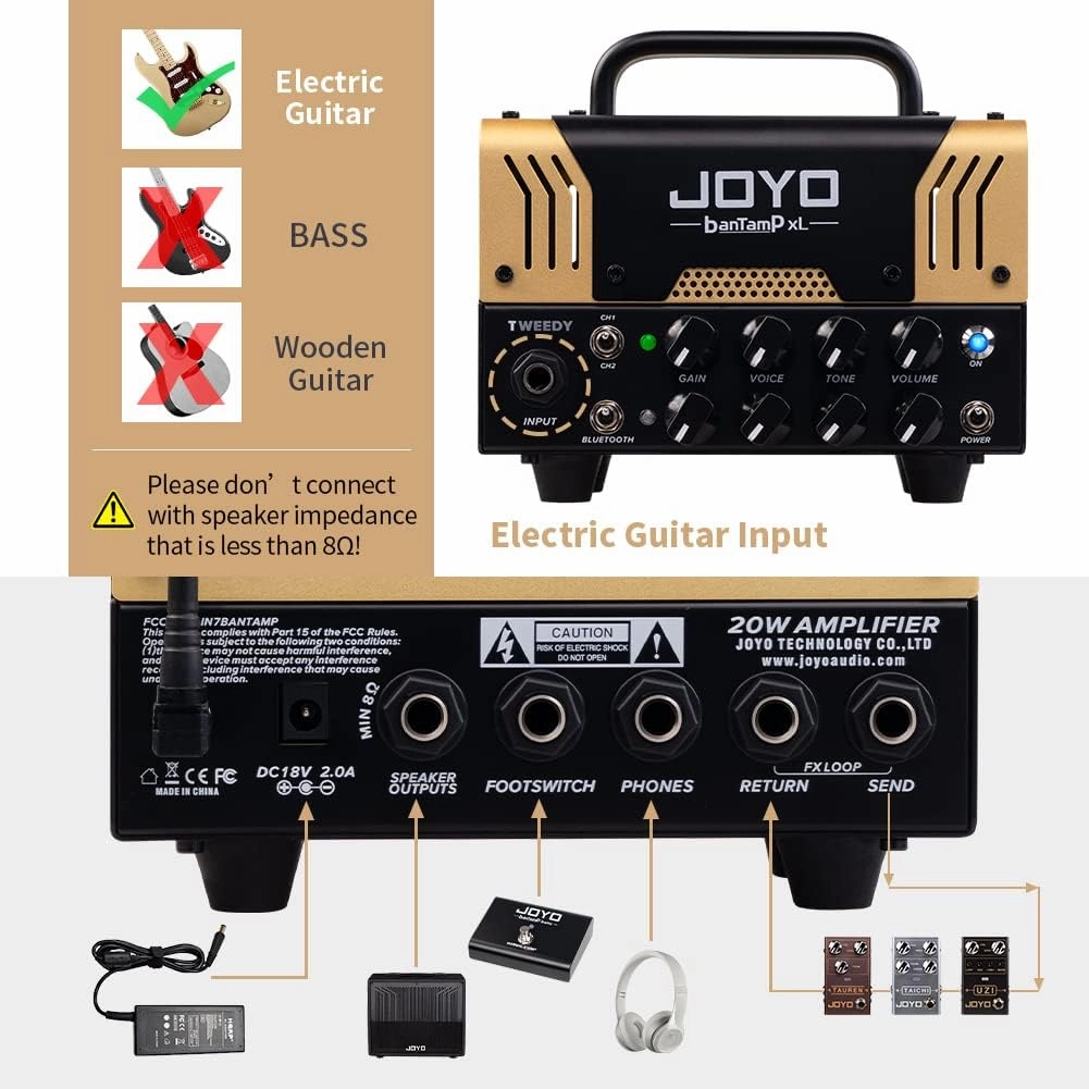 JOYO Tweedy BanTamp XL Series Mini Amp Head 20 Watt Preamp 2 Channel Hybrid Tube Guitar Amplifier Head for Electric Guitar with Bluetooth