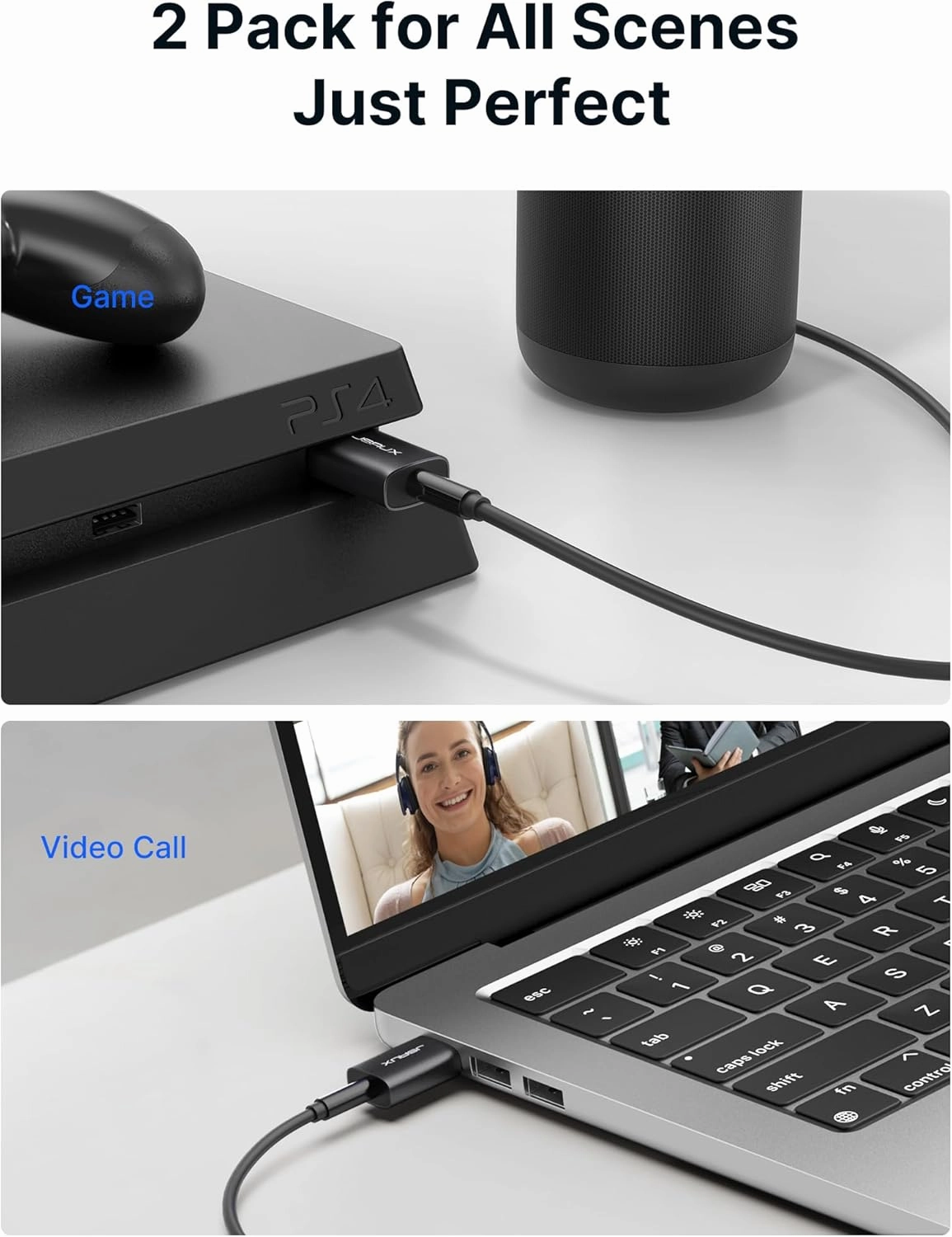 JSAUX 2 Pack USB to 3.5mm Jack Audio Adapter - External Stereo Sound Card for PS4, PS5, Headphones, Mac, Linux, Laptops, Desktops - Black