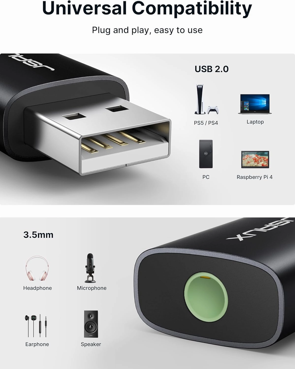 JSAUX 2 Pack USB to 3.5mm Jack Audio Adapter - External Stereo Sound Card for PS4, PS5, Headphones, Mac, Linux, Laptops, Desktops - Black