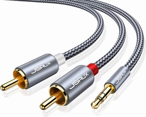 JSAUX RCA to 3.5mm Cable 6.6ft, Aux to RCA Headphone Male to Male Jack Adapter Nylon Braided 1/8 Audio Y Cord for Smartphones, MP3, Tablets, Speakers, HDTV -Grey speaker cable,audio wire,hi-fi speaker cord,