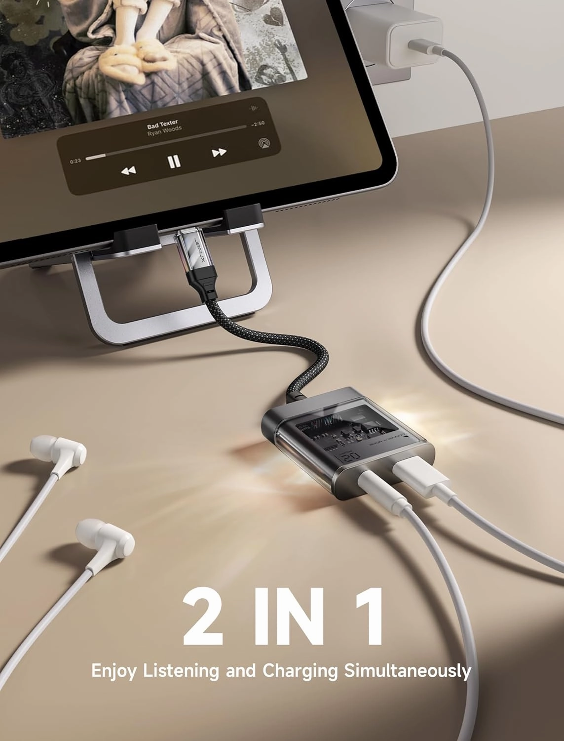 JSAUX USB C to 3.5mm Headphone and Charger Adapter, 2 in 1 Type C to Aux Audio Jack Hi-Res 32bit/384kHz DAC and PD 60W Fast Charging for iPhone 16 15 Pro Max, Samsung Galaxy S24/S23/S22, Pixel, iPad