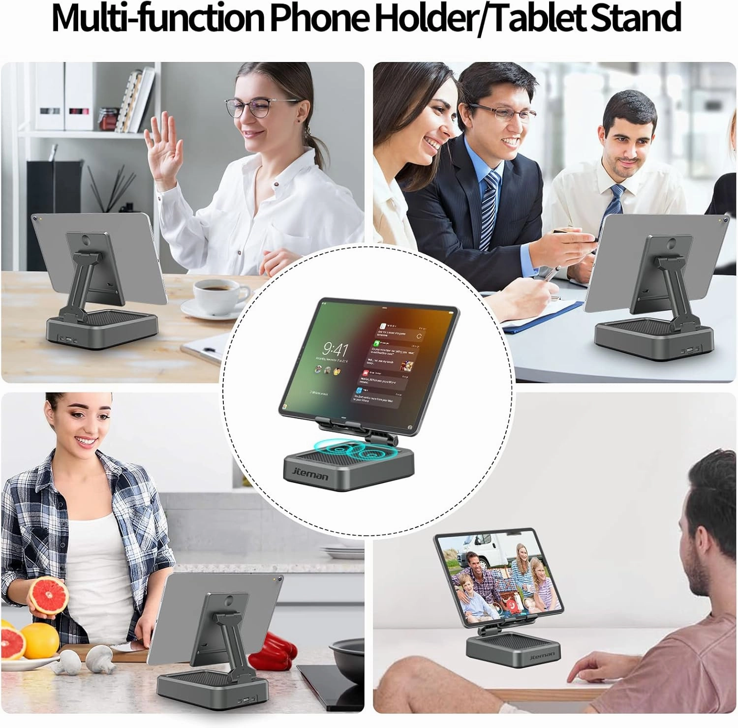 Jteman Wireless Bluetooth Speaker Tablet Stand, Adjustable with Bluetooth Speakers,Gifts for Women Men,Kitchen Gadget for Men,Compatible with Phones and Tablet (4.0-12.9'') - Graphite