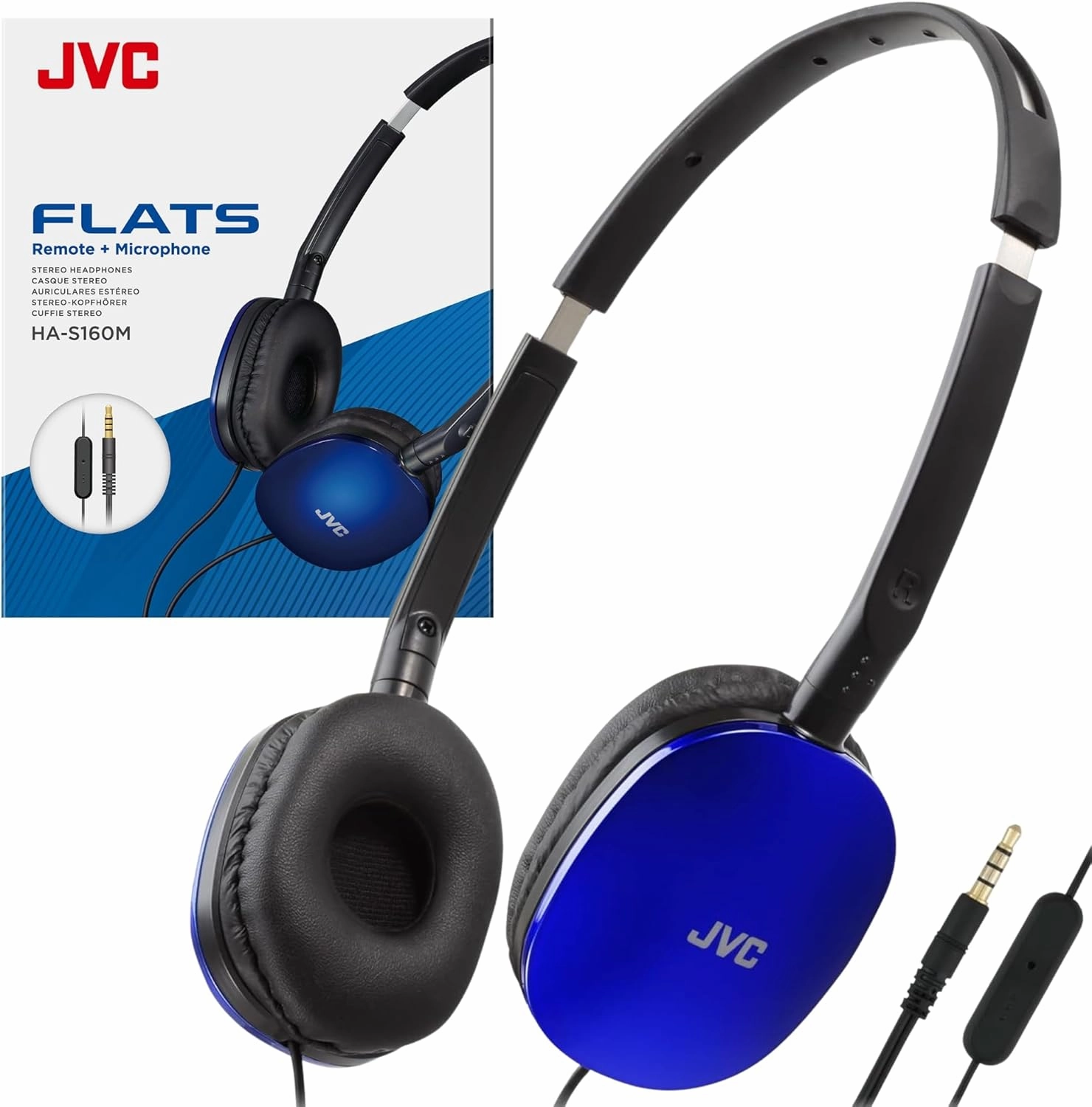 JVC Blue Flat Foldable Colorful Flats On Ear Headphones with Remote and Microphone, 3.94 Foot Gold Plated 3.5mm Slim Plug - HAS160MA, Adjustable reference headphones,neutral sound headphones,monitor headphones,