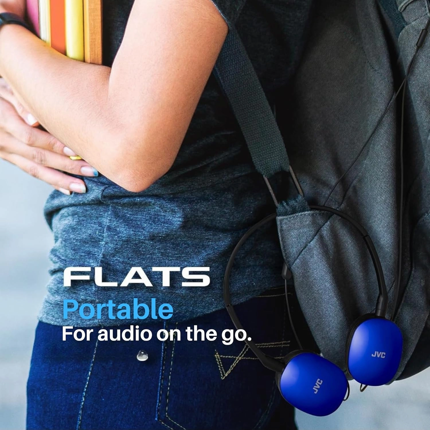 JVC Blue Flat Foldable Colorful Flats On Ear Headphones with Remote and Microphone, 3.94 Foot Gold Plated 3.5mm Slim Plug - HAS160MA, Adjustable