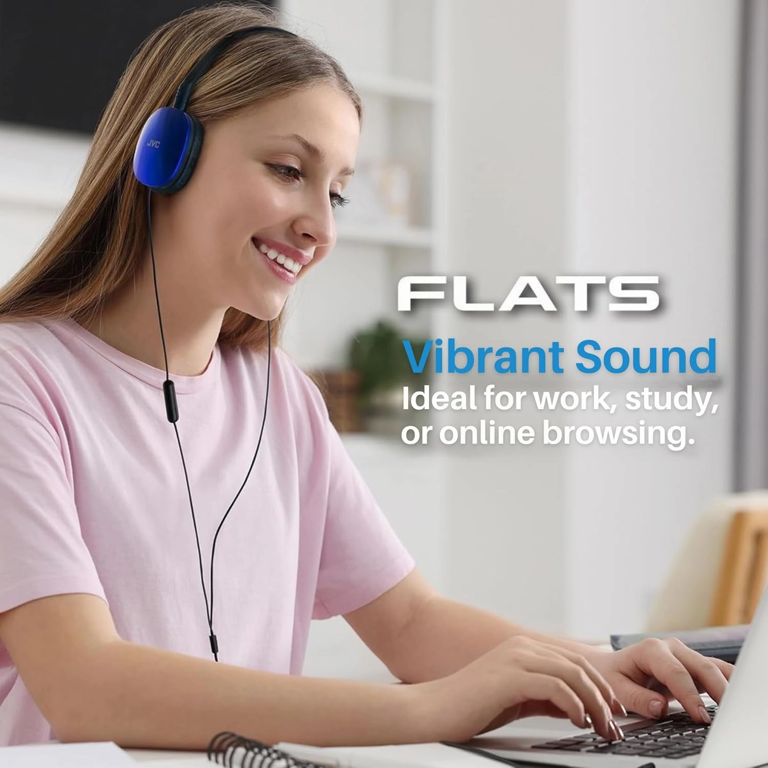 JVC Blue Flat Foldable Colorful Flats On Ear Headphones with Remote and Microphone, 3.94 Foot Gold Plated 3.5mm Slim Plug - HAS160MA, Adjustable
