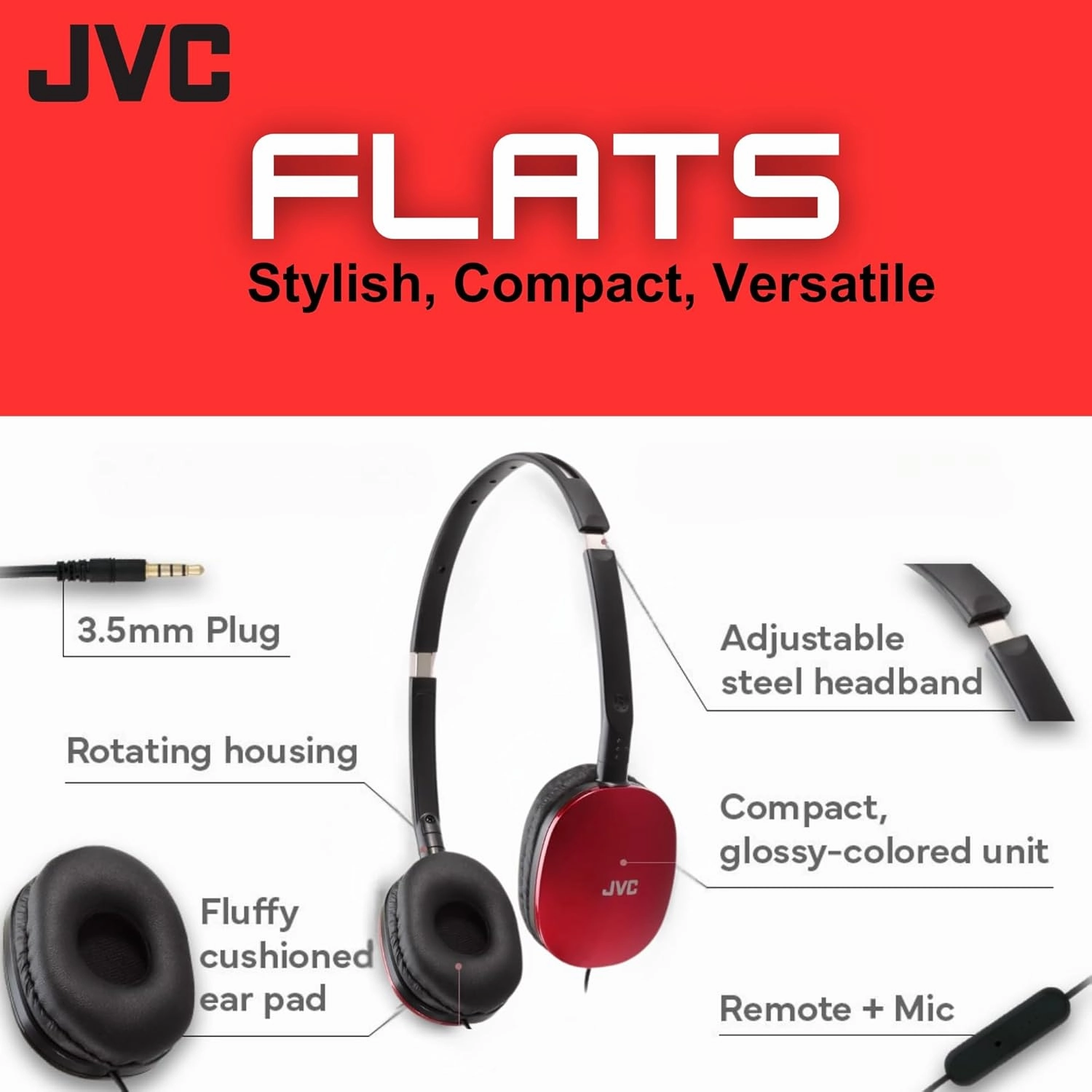 JVC Flats On-Ear Wired Headphones - Flat Foldable Design - 30mm Driver for Powerful Sound - Soft Ear-Pads for Comfort  Steel Headband - Lightweight & Portable - 3.5mm Slim Plug - HAS160M