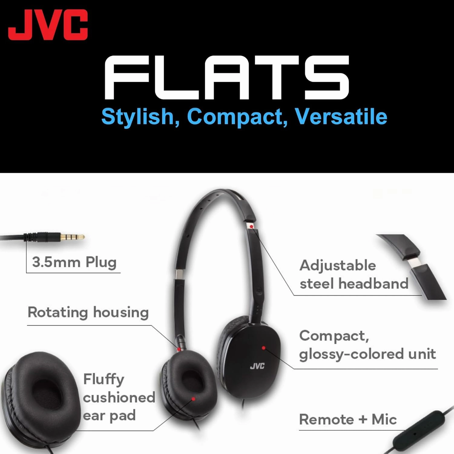 JVC Flats On-Ear Wired Headphones - Flat Foldable Design - 30mm Driver for Powerful Sound - Soft Ear-Pads for Comfort  Steel Headband - Lightweight & Portable - PC/Laptop/Gaming - 3.5mm Slim Plug