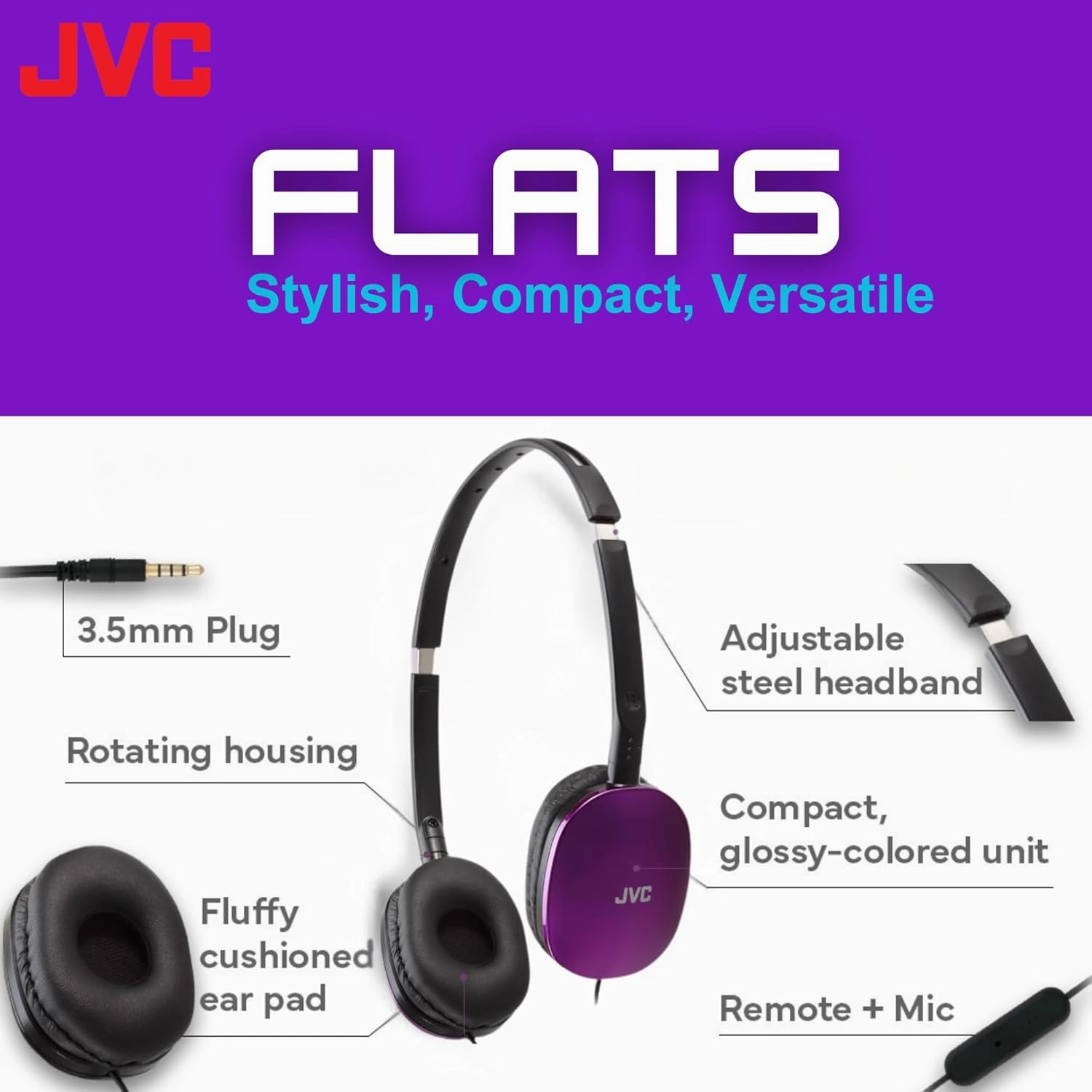 JVC Flats On-Ear Wired Headphones - Flat Foldable Design - 30mm Driver for Powerful Sound - Soft Ear-Pads for Comfort  Steel Headband - Lightweight & Portable - PC/Laptop/Gaming - 3.5mm Slim Plug