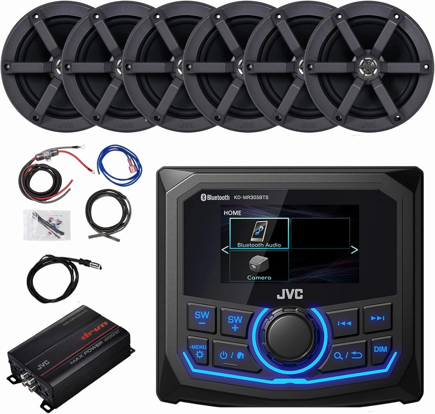JVC Marine Grade 2.7" LCD Bluetooth AM/FM/WB Digital Media Receiver Bundle Combo with 6X 6.5 100 Watt Peak Power Boat Black Speakers, 400 Watt 4-Channel Amplifier w/Wiring Kit, 40" Antenna power amplifier,stereo amp,hi-fi power amp,