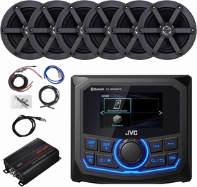 JVC Marine Grade 2.7" LCD Bluetooth AM/FM/WB Digital Media Receiver Bundle Combo with 6X 6.5 100 Watt Peak Power Boat Black Speakers, 400 Watt 4-Channel Amplifier w/Wiring Kit, 40" Antenna power amplifier,stereo amp,hi-fi power amp,