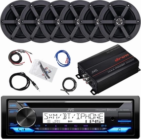 JVC Single Din Marine Bluetooth USB/AUX CD Player Stereo Receiver Bundle Combo with 6X 6.5 100 Watt Peak Power Marine Black Speakers, 400 Watt 4-Channel Amplifier w/Wiring Kit, 40" Antenna power amplifier,stereo amp,hi-fi power amp,