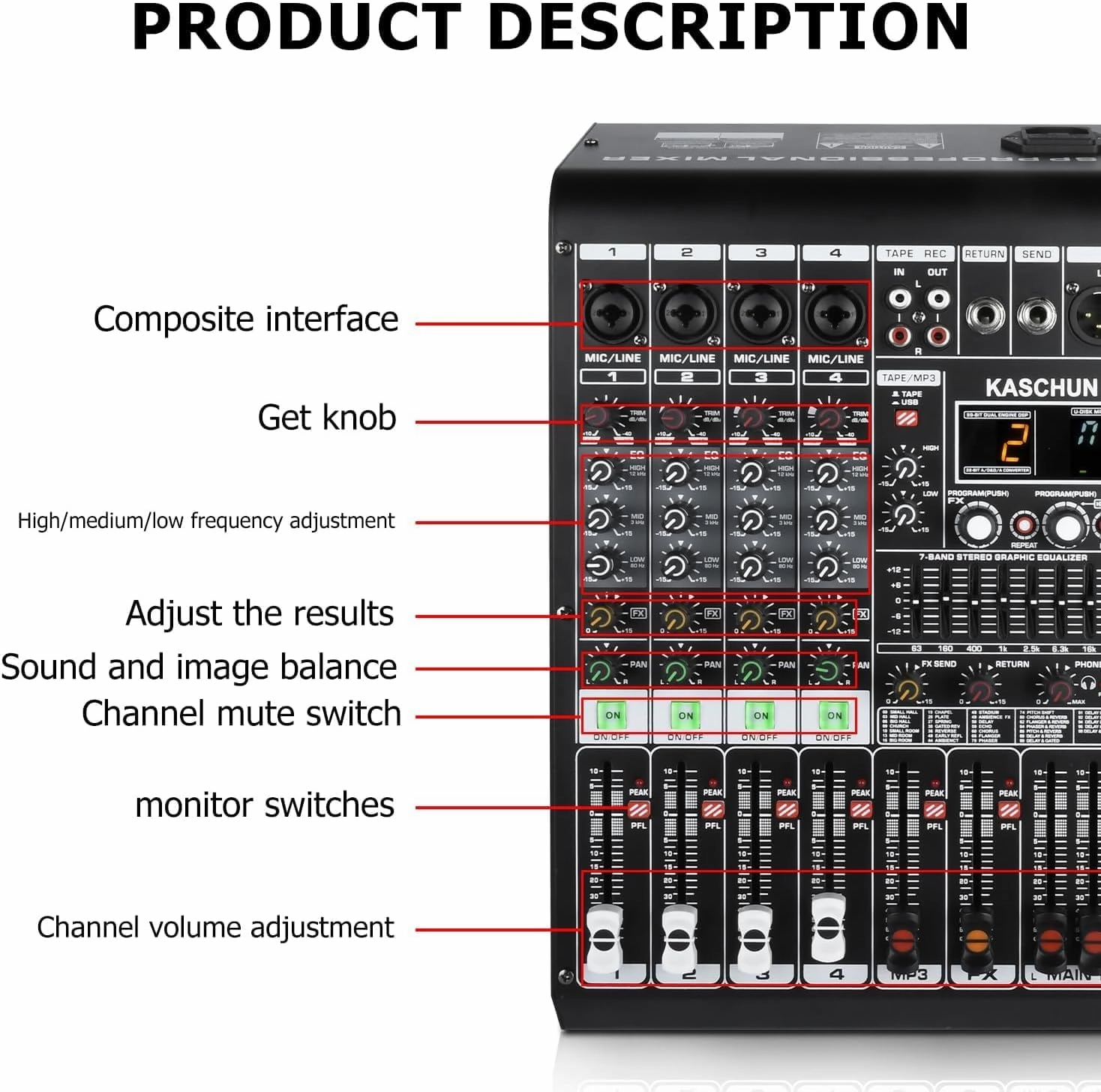 K1 4-Channel Professional Audio Mixer with 99 Bit DSP, XLR Microphone Jack, 48V Phantom Power, Stereo RCA Input/Output - Sound Board Console for PC Recording