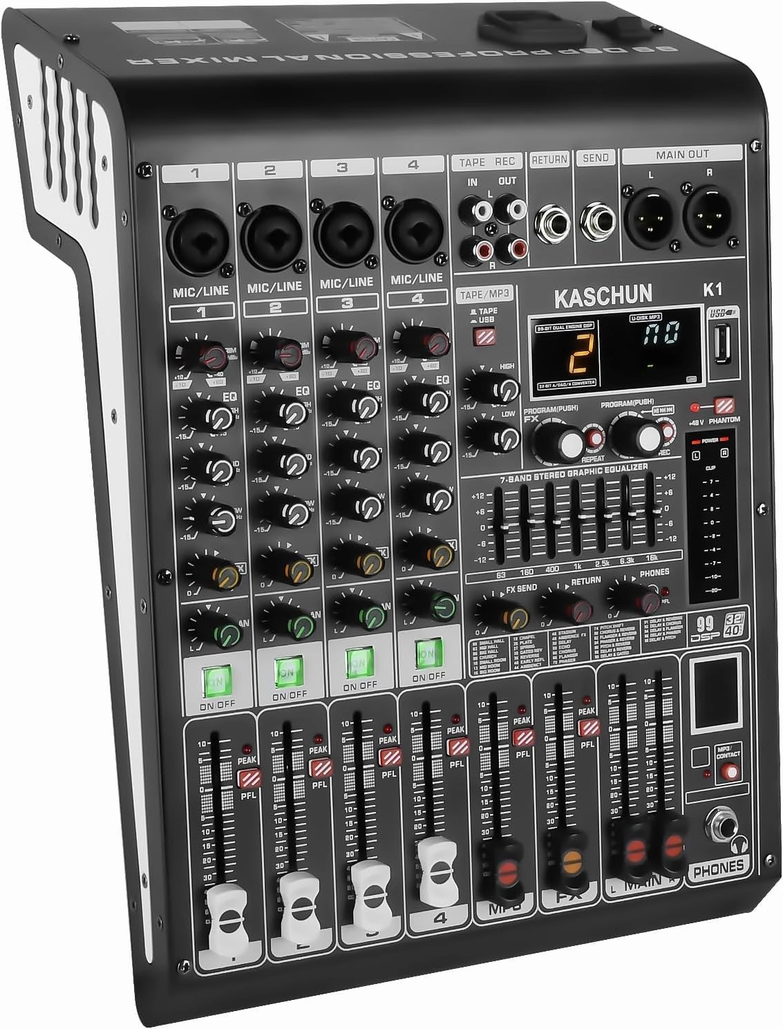 K1 4-Channel Professional Audio Mixer with 99 Bit DSP, XLR Microphone Jack, 48V Phantom Power, Stereo RCA Input/Output - Sound Board Console for PC Recording mixer console,audio mixing desk,DJ console,