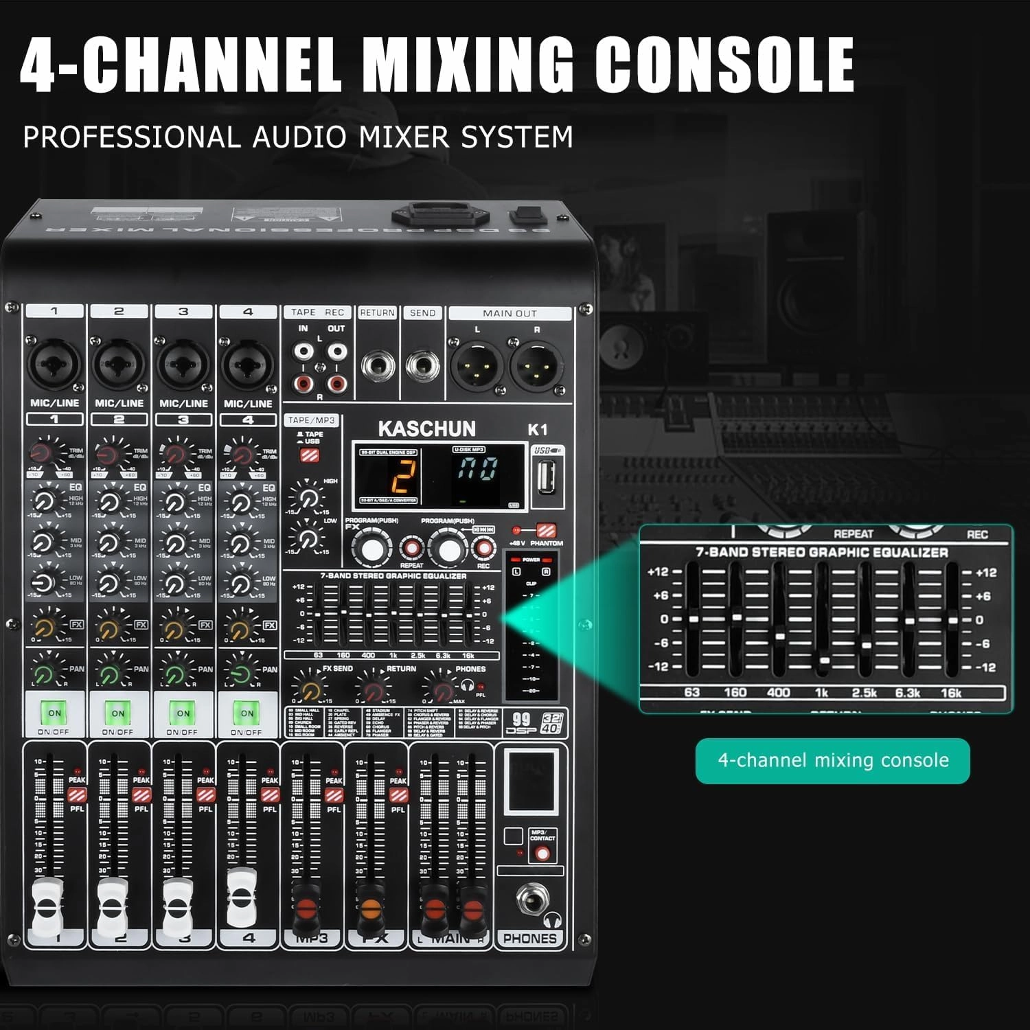 K1 4-Channel Professional Audio Mixer with 99 Bit DSP, XLR Microphone Jack, 48V Phantom Power, Stereo RCA Input/Output - Sound Board Console for PC Recording