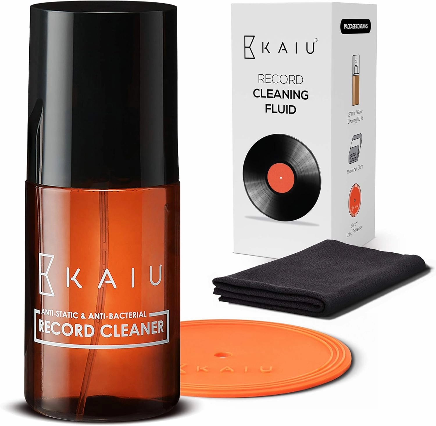 KAIU Vinyl Record Cleaning Kit- Anti Static Record Cleaning Washer Fluid with Silicone Label Protector & Microfiber Cloth - Vinyl Album Cleaner Spray - Remove Dust & Dirt - 3-in-1 Supplies Kit record cleaning kit,vinyl cleaner,stylus brush set,