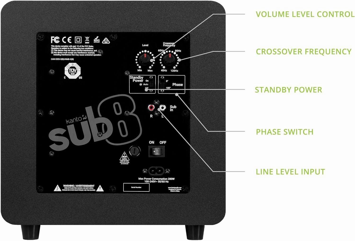 Kanto SUB8VMB Sealed Powered Subwoofer | 300W Peak Power | 8" Woofer | Matte Black