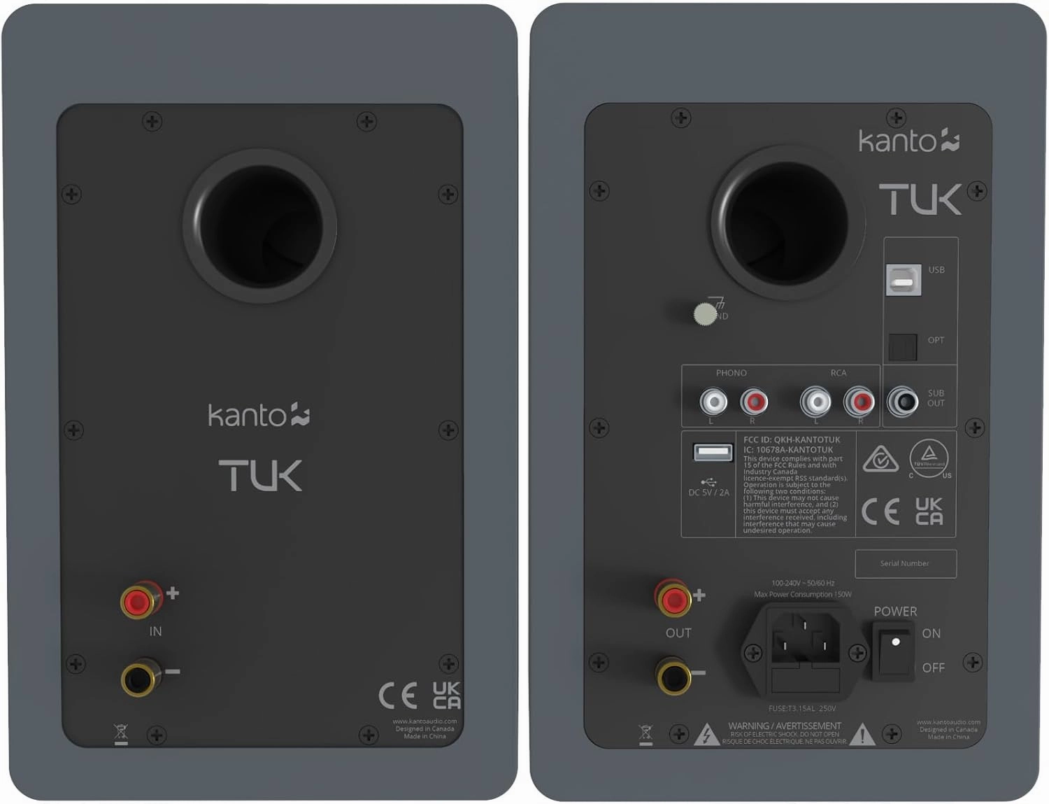 Kanto TUK Powered Speaker with Headphone Out | Built-in USB DAC | Dedicated RCA with Phono Pre-amp | Bluetooth | AMT Tweeter | 5.25" Driver | Pair | Matte Grey