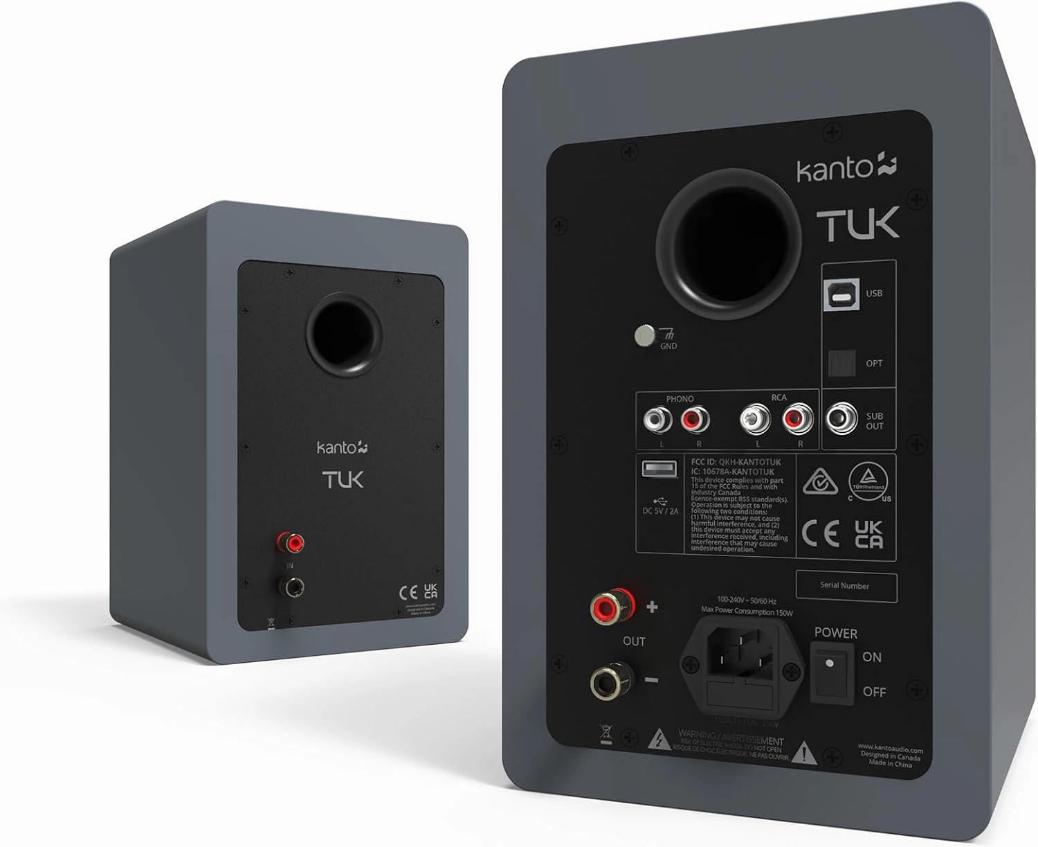 Kanto TUK Powered Speaker with Headphone Out | Built-in USB DAC | Dedicated RCA with Phono Pre-amp | Bluetooth | AMT Tweeter | 5.25" Driver | Pair | Matte Grey