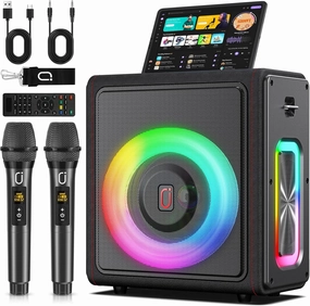 Karaoke Machine, Portable Bluetooth 5.3 Speaker with 2 Wireless Microphones for Adults, PA System with Pitch Correction & Echo Adjustment, Supports TWS/TF Card/USB/AUX/Live/REC for Home Party wireless speakers,portable Bluetooth speaker,multiroom speak