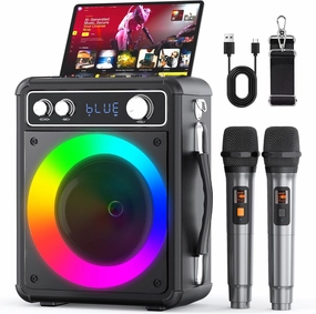 Karaoke Machine, Portable Bluetooth Karaoke Speaker with 2 Wireless Microphones, PA System for Adults Kids with LED Lights, Supports REC/FM/AUX/USB/TF for Home Party wireless speakers,portable Bluetooth speaker,multiroom speaker,