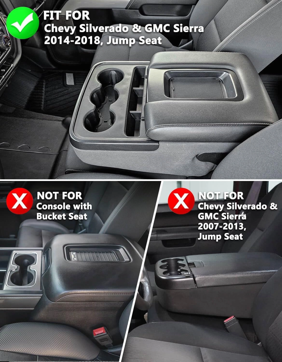KBH Auto Center Console Armrest Cover Replacement for Chevrolet Silverado & GMC Sierra 1500 2500 3500 2014-2018, Vinyl Leather Middle Console Covering, Split Bench Jump Seat (Black-Gray Stitch)