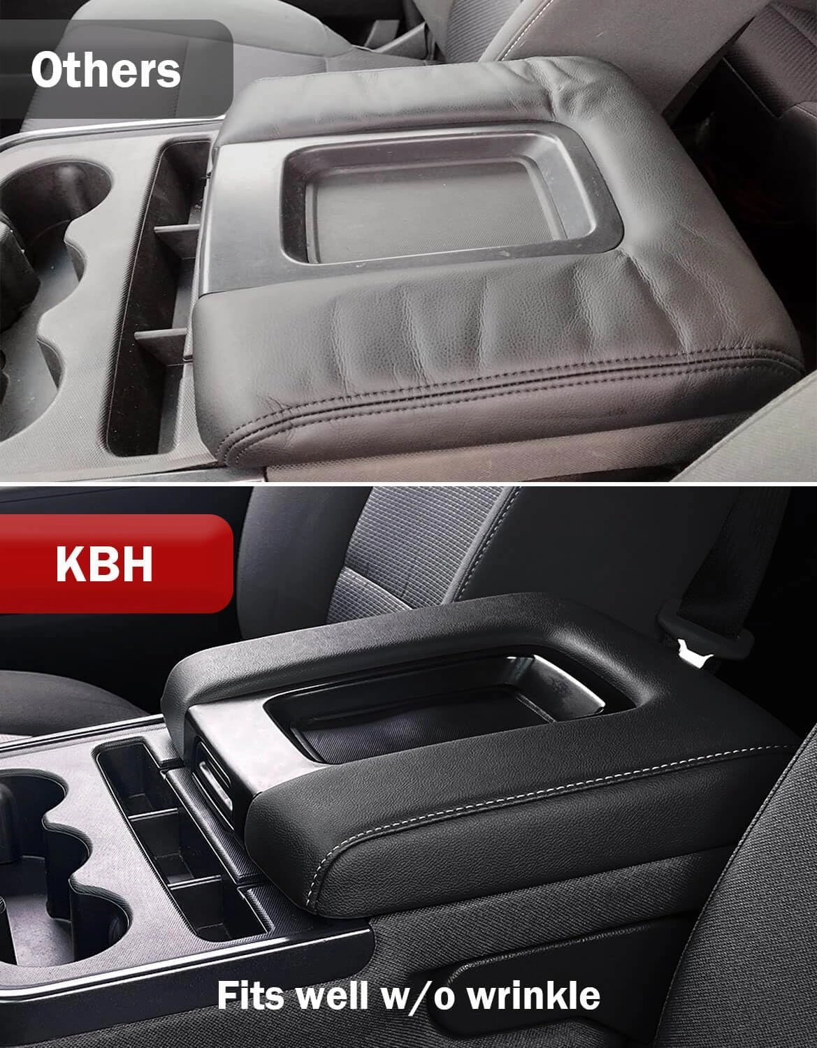 KBH Auto Center Console Armrest Cover Replacement for Chevrolet Silverado & GMC Sierra 1500 2500 3500 2014-2018, Vinyl Leather Middle Console Covering, Split Bench Jump Seat (Black-Gray Stitch)