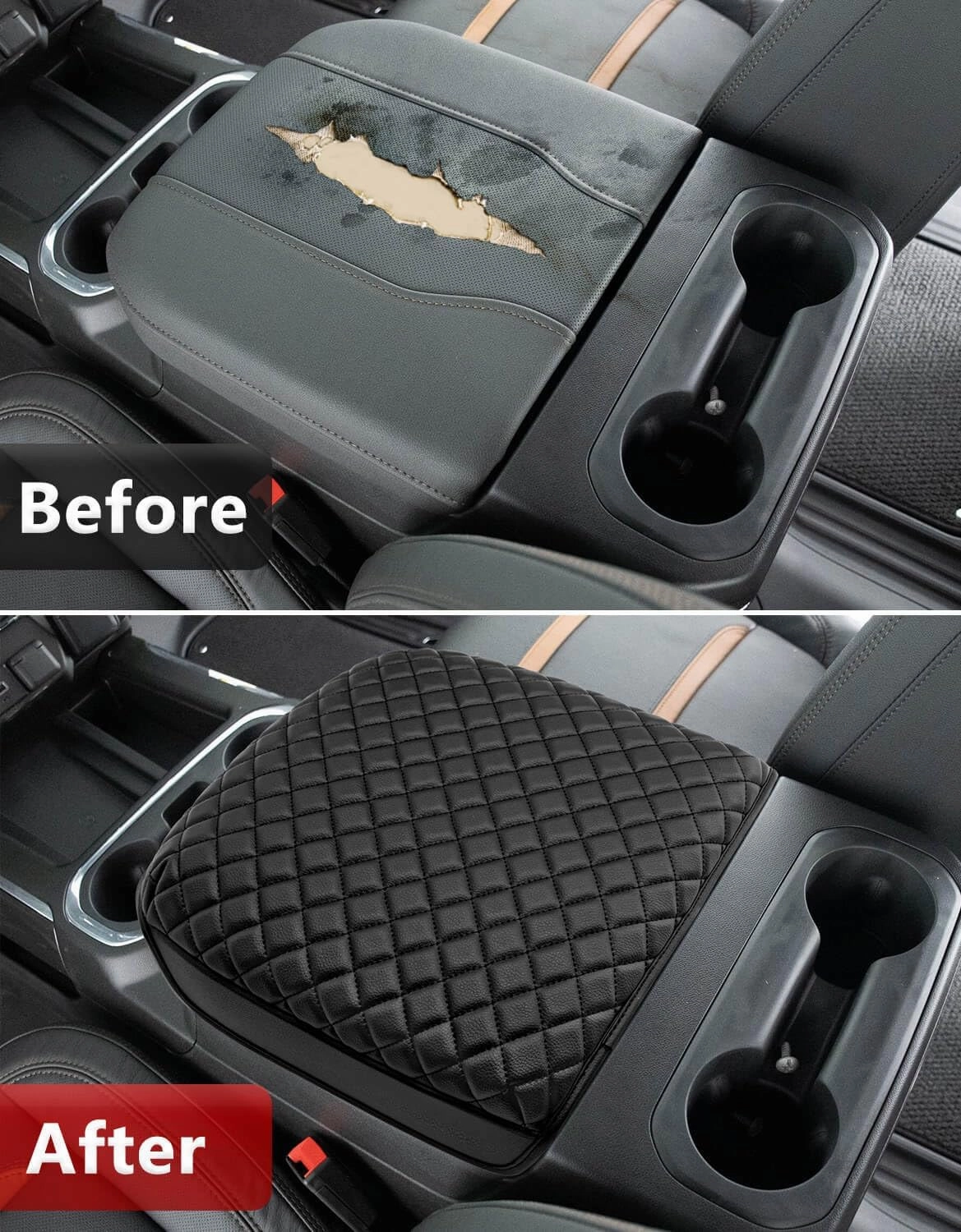 KBH Center Console Armrest Cover for Chevy Chevrolet Silverado & GMC Sierra 2019-2025, Tahoe & Suburban & Yukon 2021-2025, Bucket Seat, Vinyl Leather Arm Rest Lid Cushion, Anti-Scratch, Black