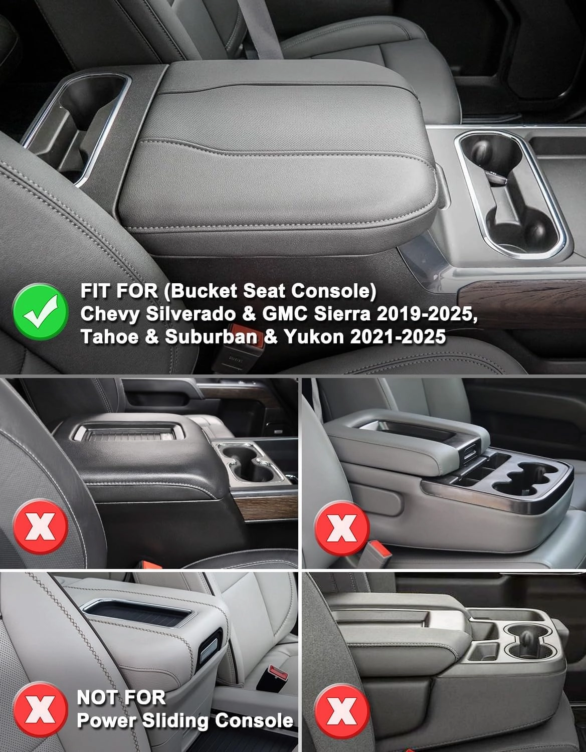 KBH Center Console Armrest Cover for Chevy Chevrolet Silverado & GMC Sierra 2019-2025, Tahoe & Suburban & Yukon 2021-2025, Bucket Seat, Vinyl Leather Arm Rest Lid Cushion, Anti-Scratch, Black