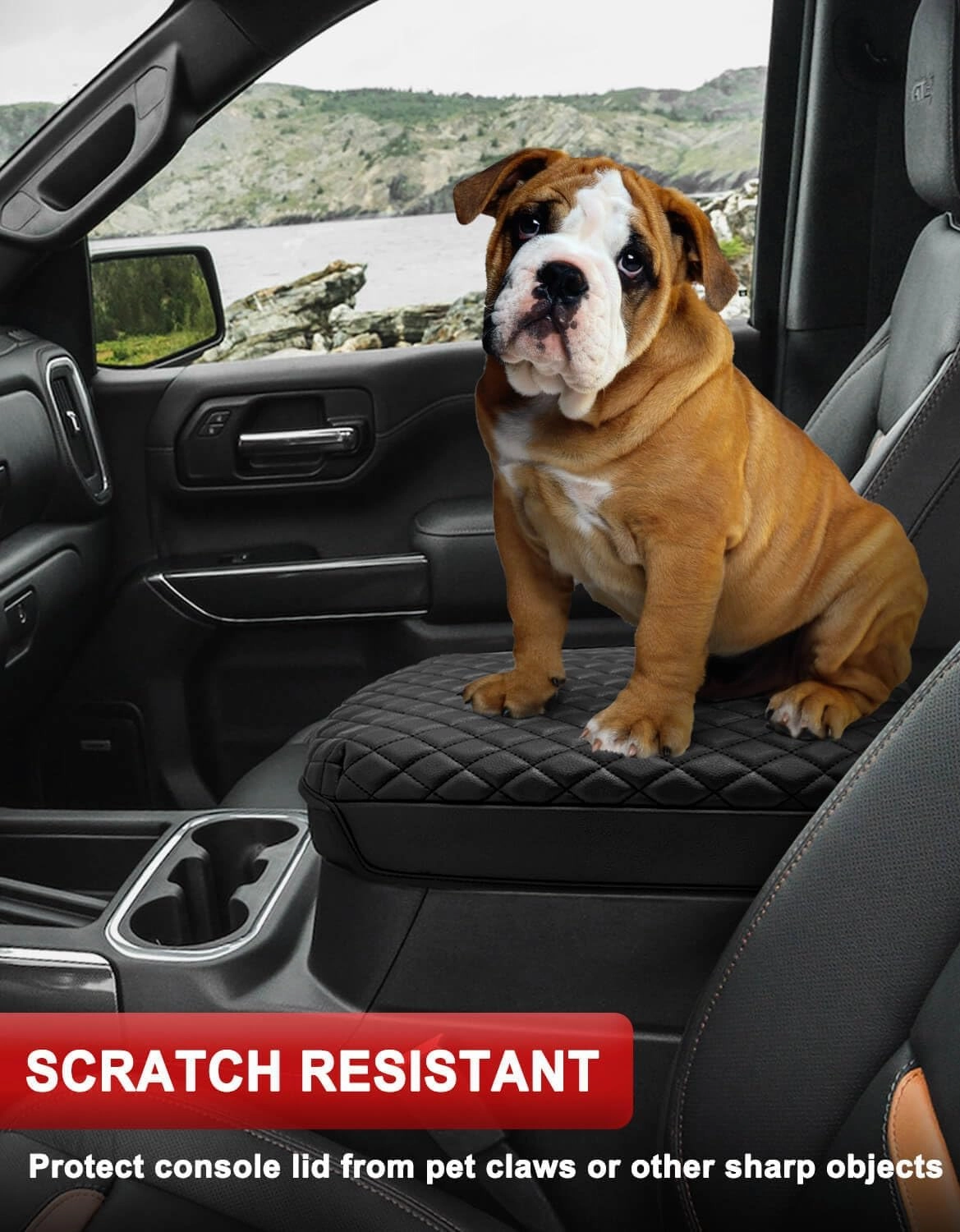 KBH Center Console Armrest Cover for Chevy Chevrolet Silverado & GMC Sierra 2019-2025, Tahoe & Suburban & Yukon 2021-2025, Bucket Seat, Vinyl Leather Arm Rest Lid Cushion, Anti-Scratch, Black