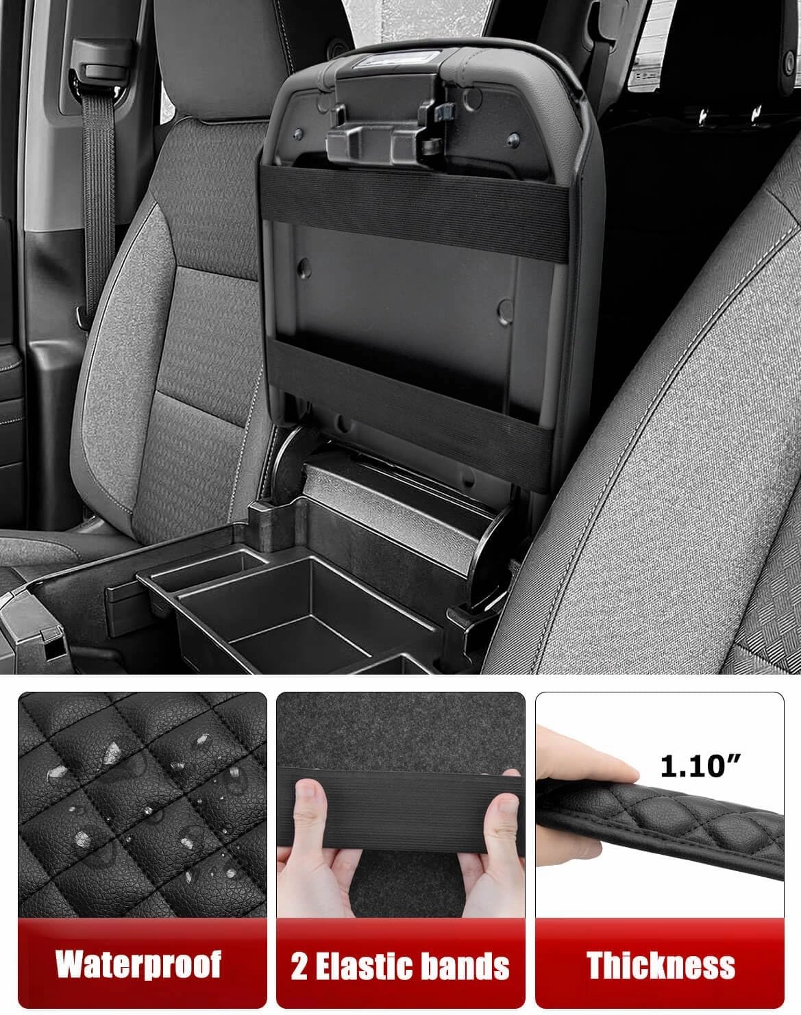 KBH Center Console Armrest Cover for Chevy Chevrolet Silverado & GMC Sierra 2019-2025, Tahoe & Suburban & Yukon 2021-2025, Bucket Seat, Vinyl Leather Arm Rest Lid Cushion, Anti-Scratch, Black