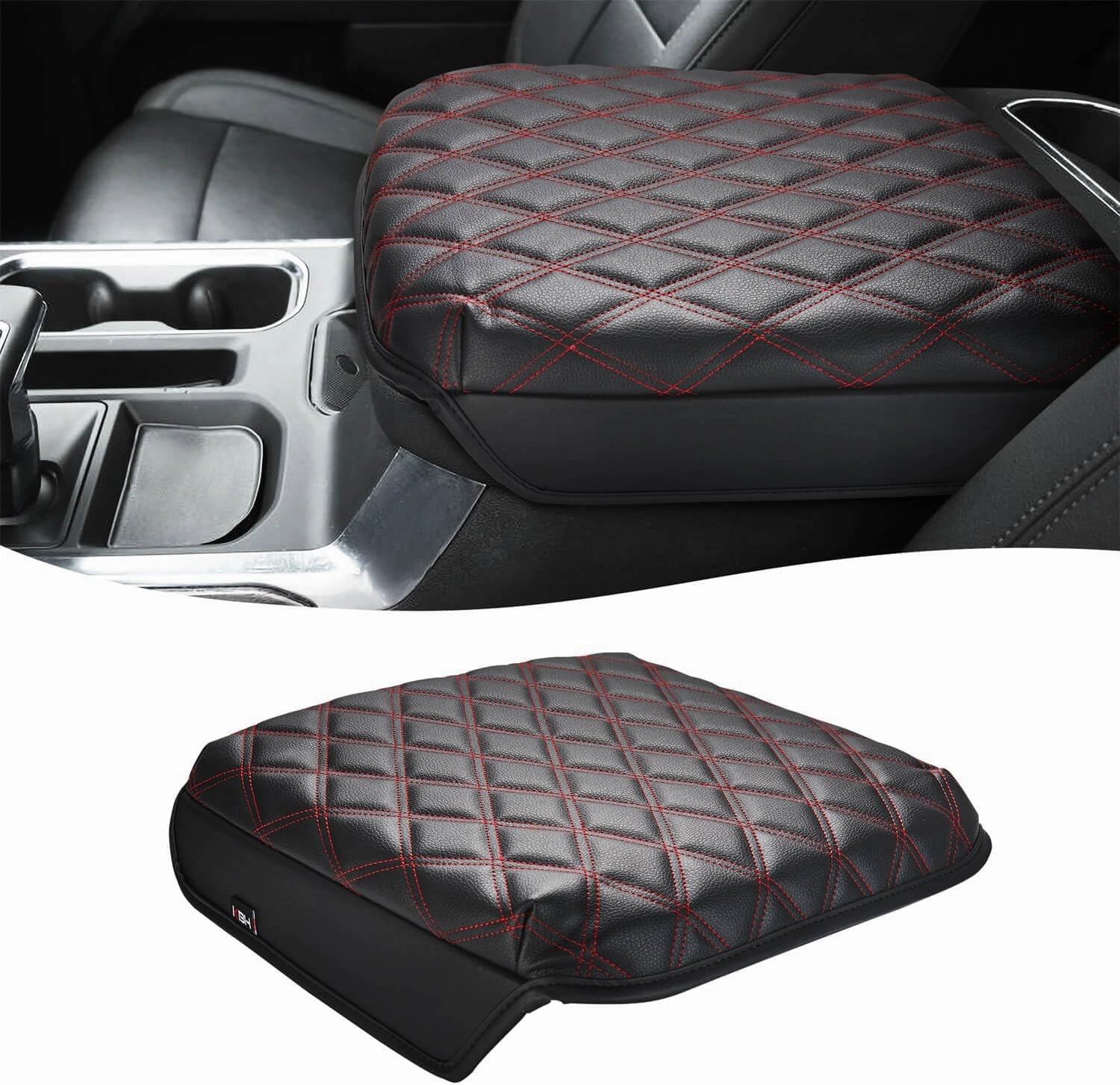 KBH Center Console Armrest Cover for Chevy Silverado & GMC Sierra 2019-2025, Tahoe & Suburban & Yukon 2021-2025 Bucket Seat, Vinyl Leather Trim, Black-Red Double Stitch vinyl accessories,turntable parts,record player tools,