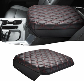 KBH Center Console Armrest Cover for Chevy Silverado & GMC Sierra 2019-2025, Tahoe & Suburban & Yukon 2021-2025 Bucket Seat, Vinyl Leather Trim, Black-Red Double Stitch vinyl accessories,turntable parts,record player tools,