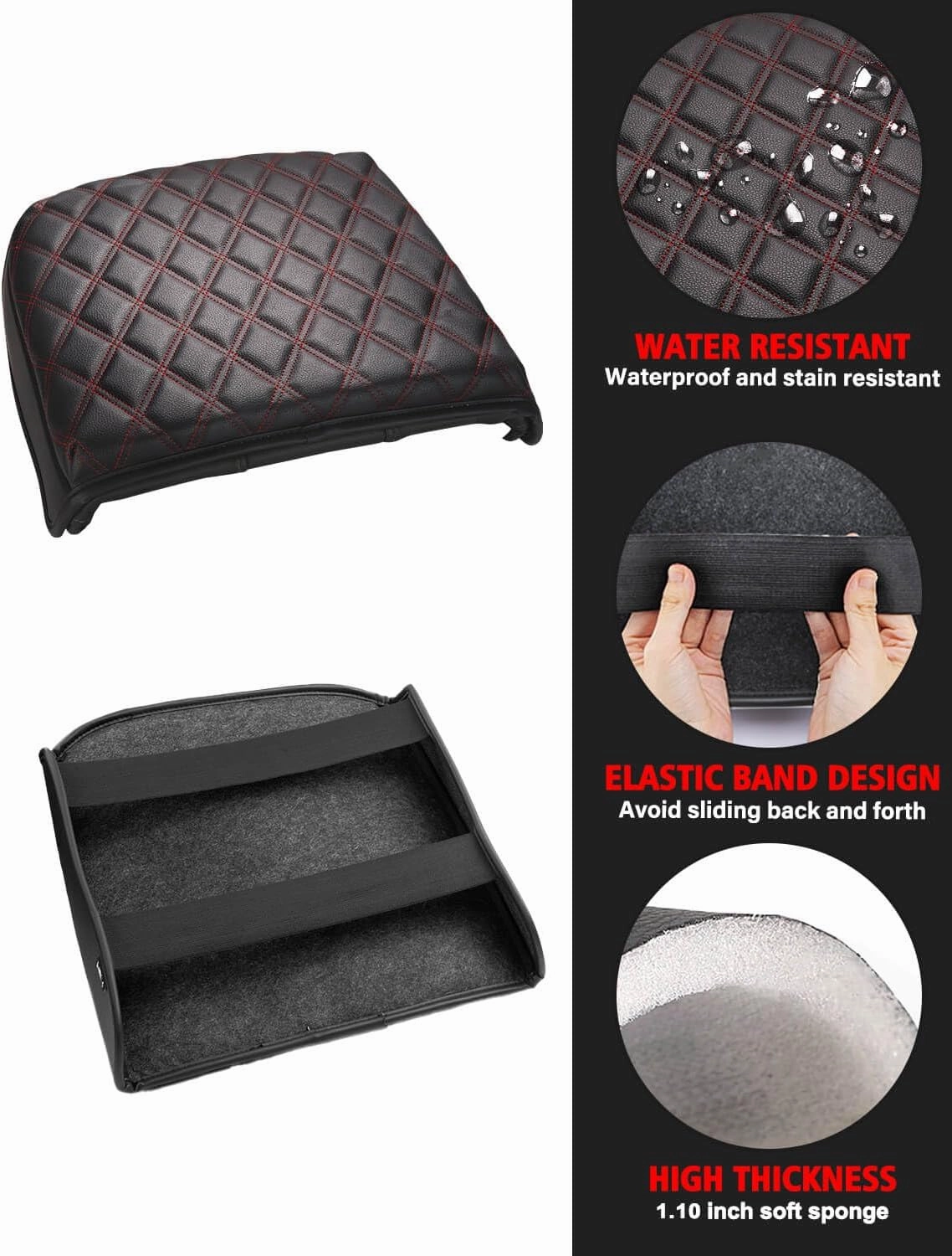 KBH Center Console Armrest Cover for Chevy Silverado & GMC Sierra 2019-2025, Tahoe & Suburban & Yukon 2021-2025 Bucket Seat, Vinyl Leather Trim, Black-Red Double Stitch