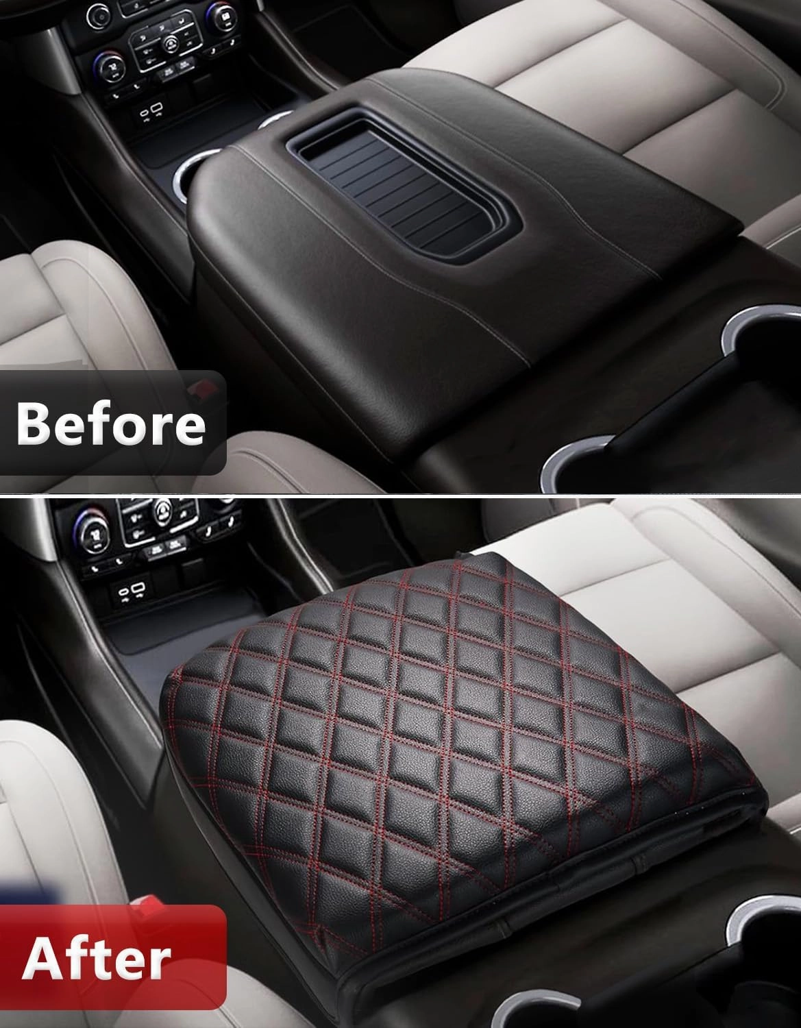 KBH Center Console Armrest Cover for Chevy Silverado & GMC Sierra 2019-2025, Tahoe & Suburban & Yukon 2021-2025 Bucket Seat, Vinyl Leather Trim, Black-Red Double Stitch
