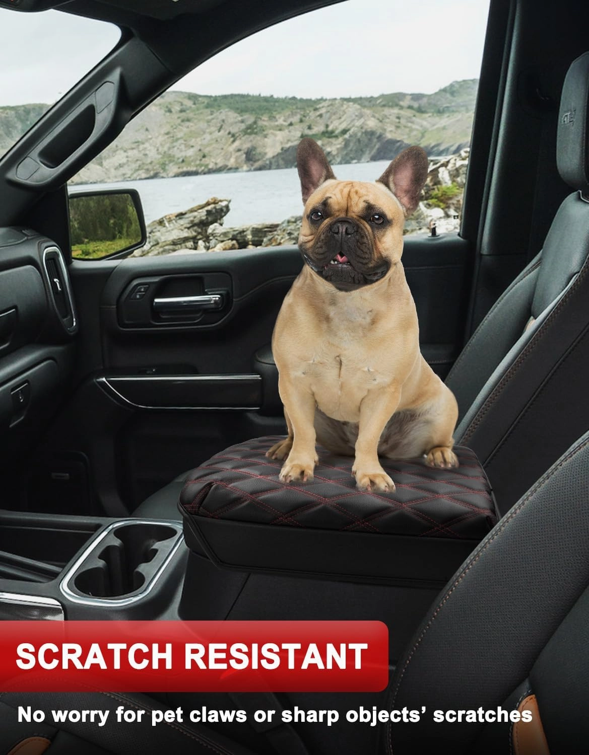 KBH Center Console Armrest Cover for Chevy Silverado & GMC Sierra 2019-2025, Tahoe & Suburban & Yukon 2021-2025 Bucket Seat, Vinyl Leather Trim, Black-Red Double Stitch